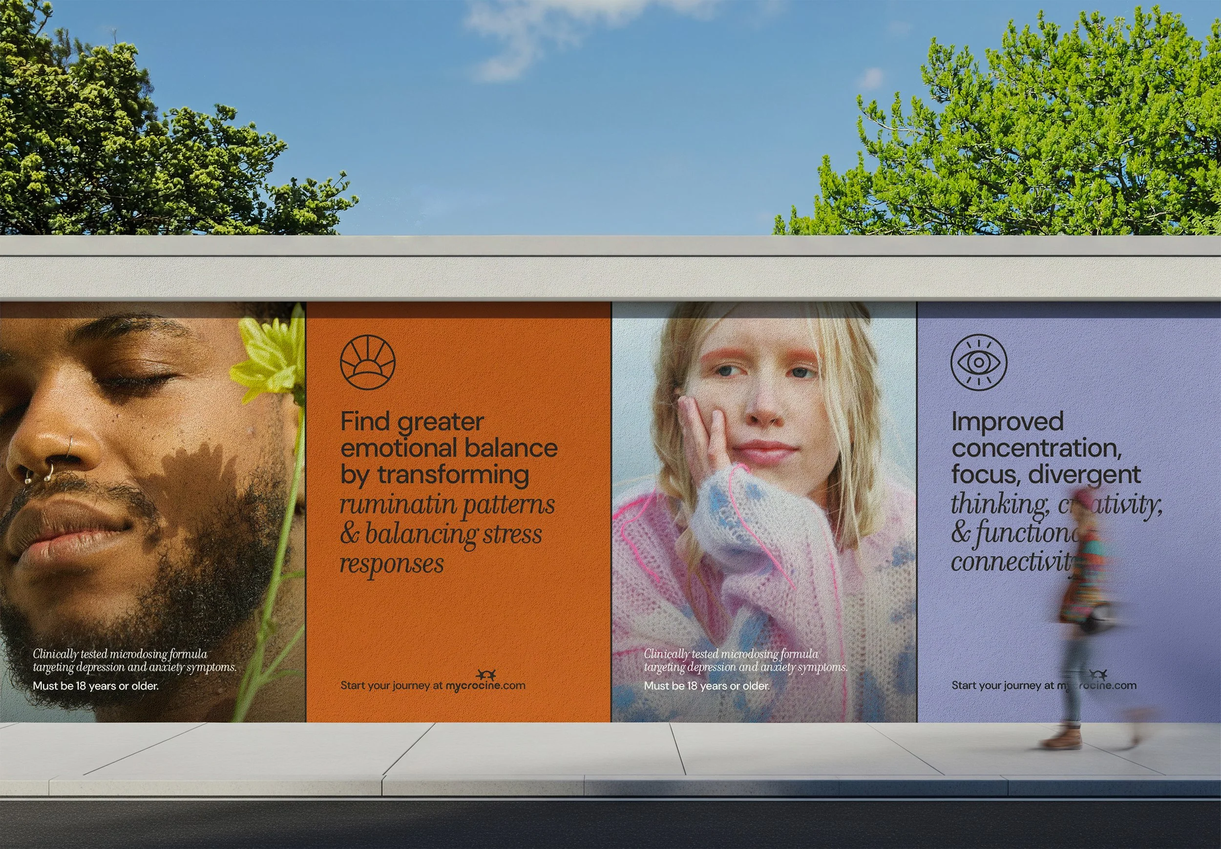 A digital billboard displaying three advertisements about mental health benefits, with parts of people’s faces visible, against a background of green trees and blue sky.