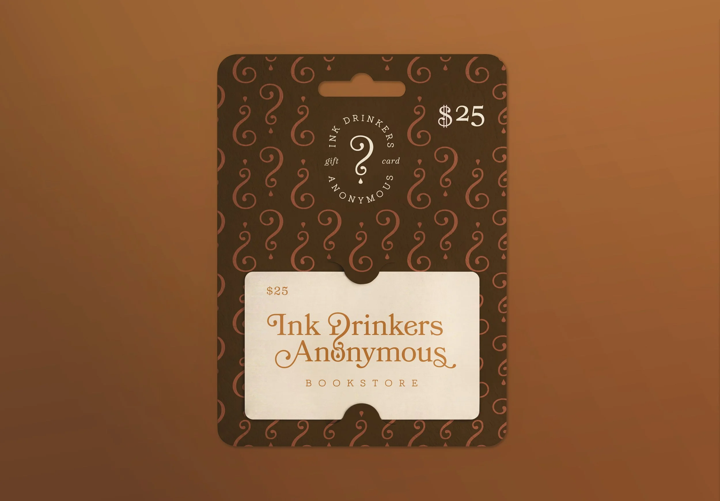 Gift card for Ink Drinkers & Anonymous bookstore with a dark background and pink swirling pattern, priced at $25.