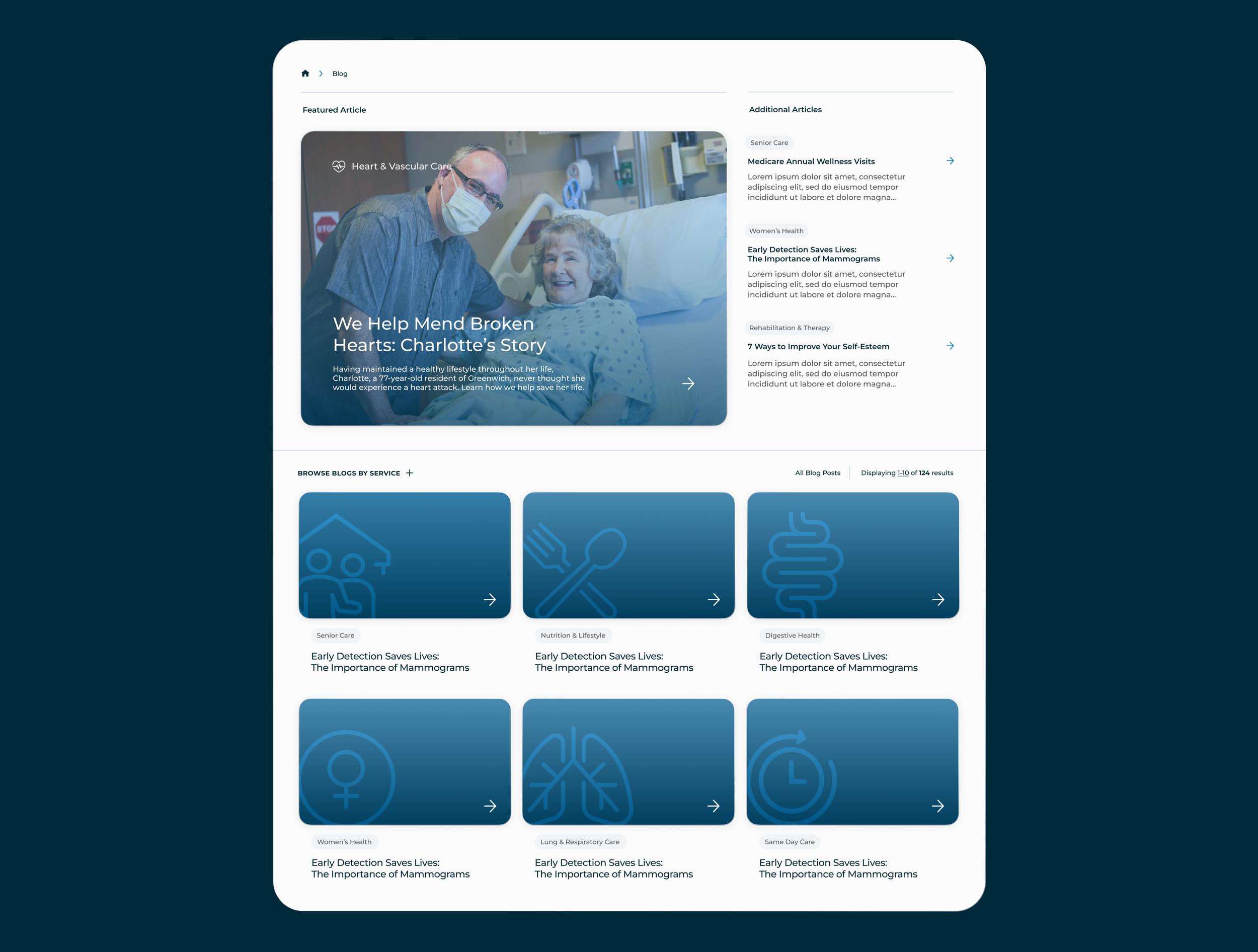 A webpage featuring a healthcare article about cardiology. The page has a large image of a healthcare worker wearing a mask talking to a smiling elderly woman in a hospital bed. The article's title is "We Help Mend Broken Hearts: Charlotte's Story." Various blog article links are visible, discussing health topics like mammograms, nutrition, digestion, and care services.
