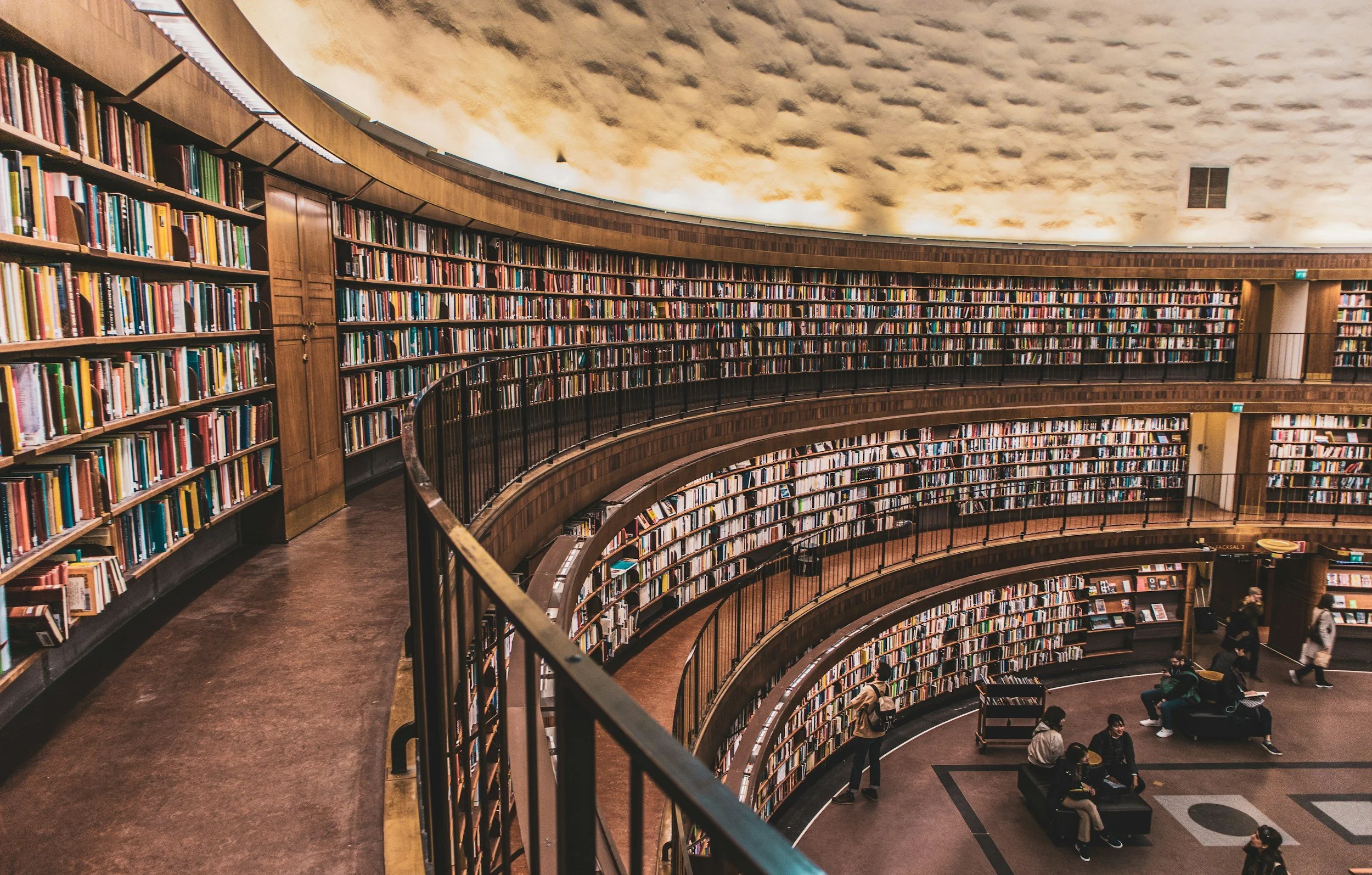 Interior of a multi-level library with curved wooden bookshelves filled with books, a patterned ceiling, and visitors sitting and walking on the lower level.