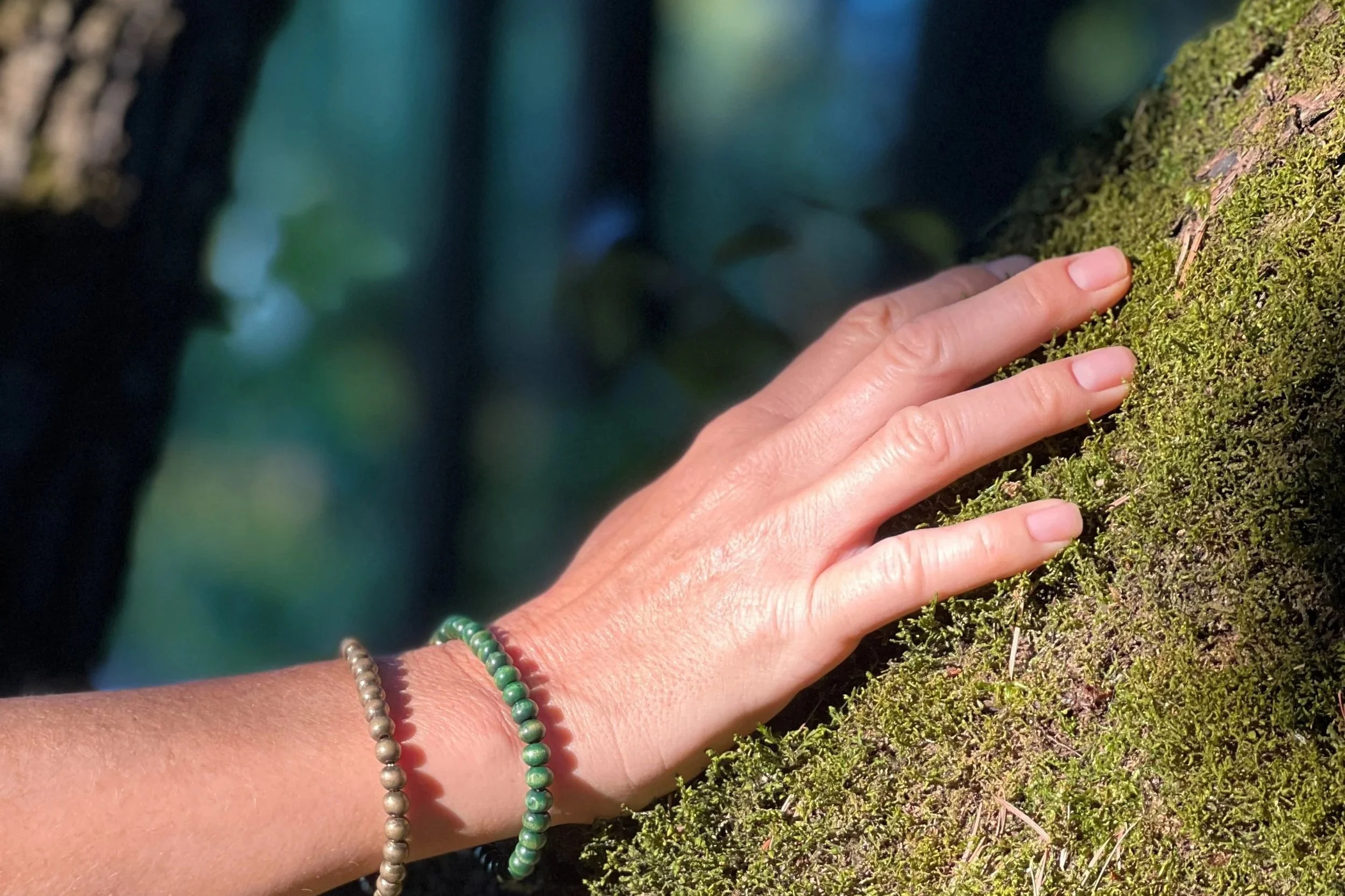 A person's hand with the palm facing down, touching moss-covered tree bark in a forest. The person is wearing beaded bracelets, one with green beads and the other with silver beads.