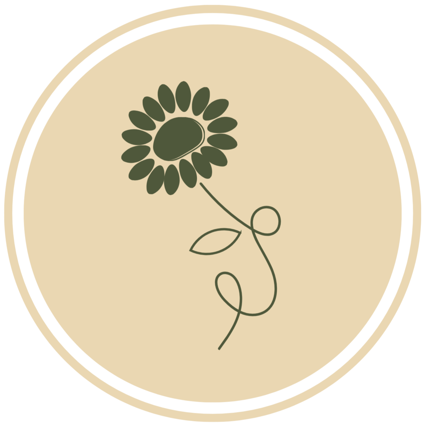 A minimalist botanical illustration of a sunflower with a dark green center and dark green petals, curved stem, and two simple leaves on a beige circular background with a black border.