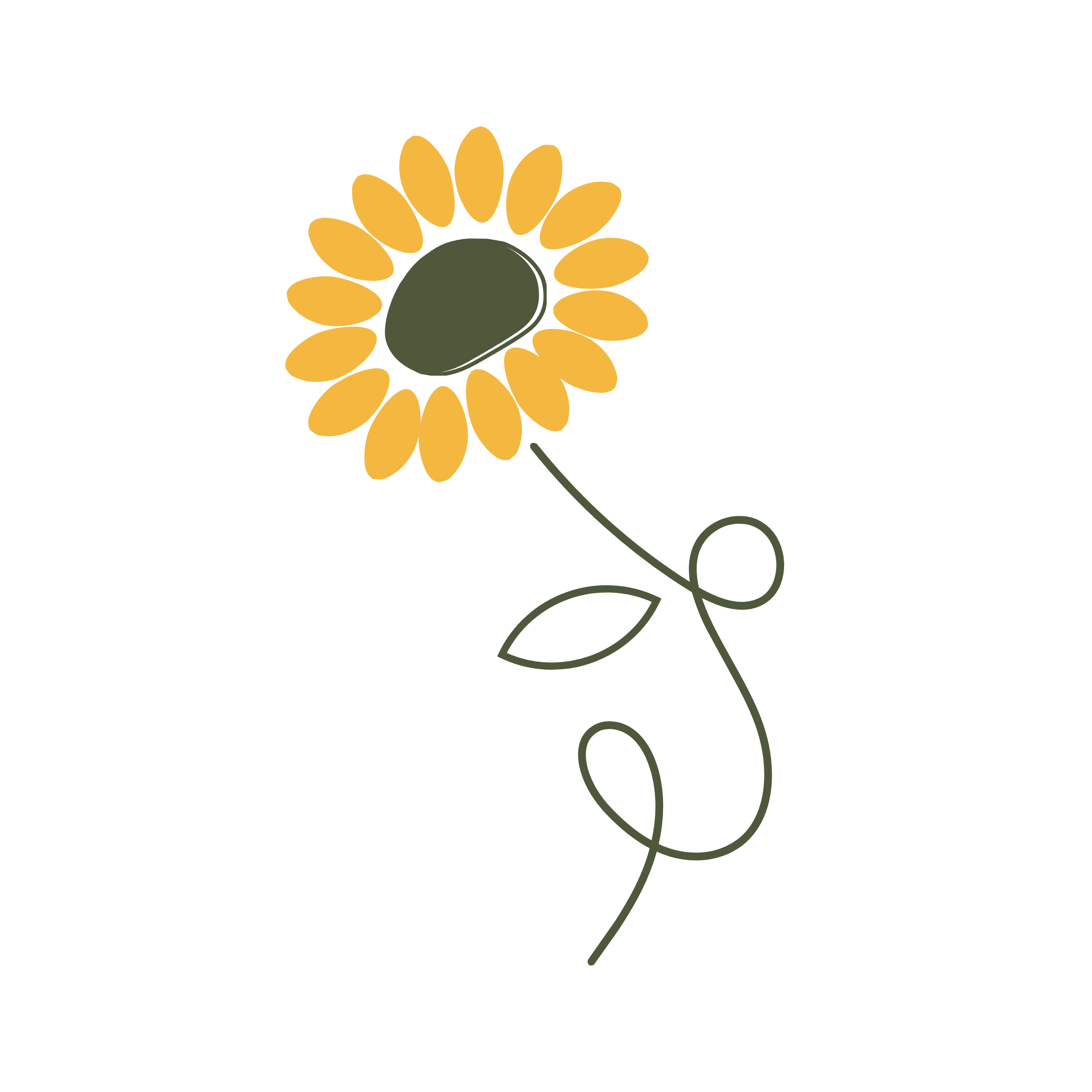 A simple illustration of a yellow flower with a green center and a green stem on a black background.