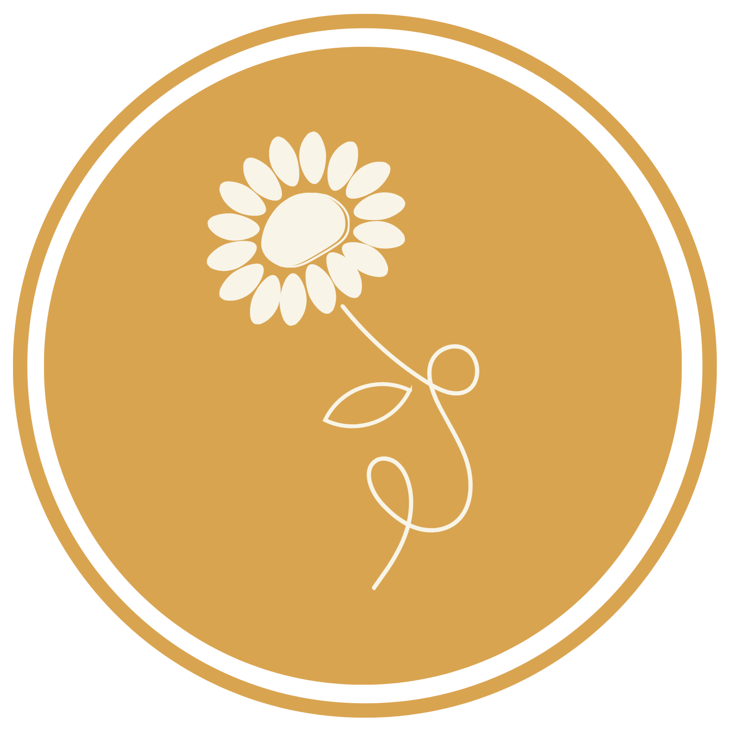 Close-up of a gold and black circular design with a white stylized flower and seed pod in the center.