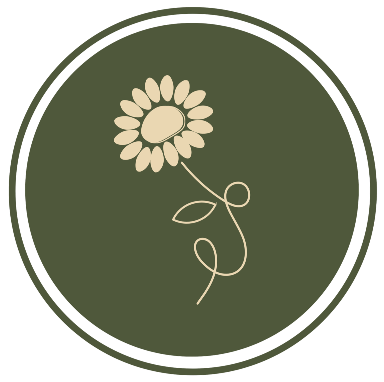 A minimalist illustration of a flower with cream petals and a round center on a dark green circular background with concentric borders.