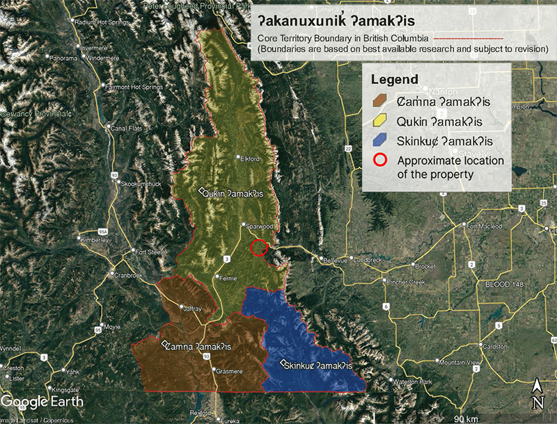Map showing First Nations territory boundaries in British Columbia, Canada, with areas marked as Camna Zamakis in brown, Qukin Zamakis in yellow, and Skinkuq Zamakis in blue, along with a red circle indicating the approximate location of a property.