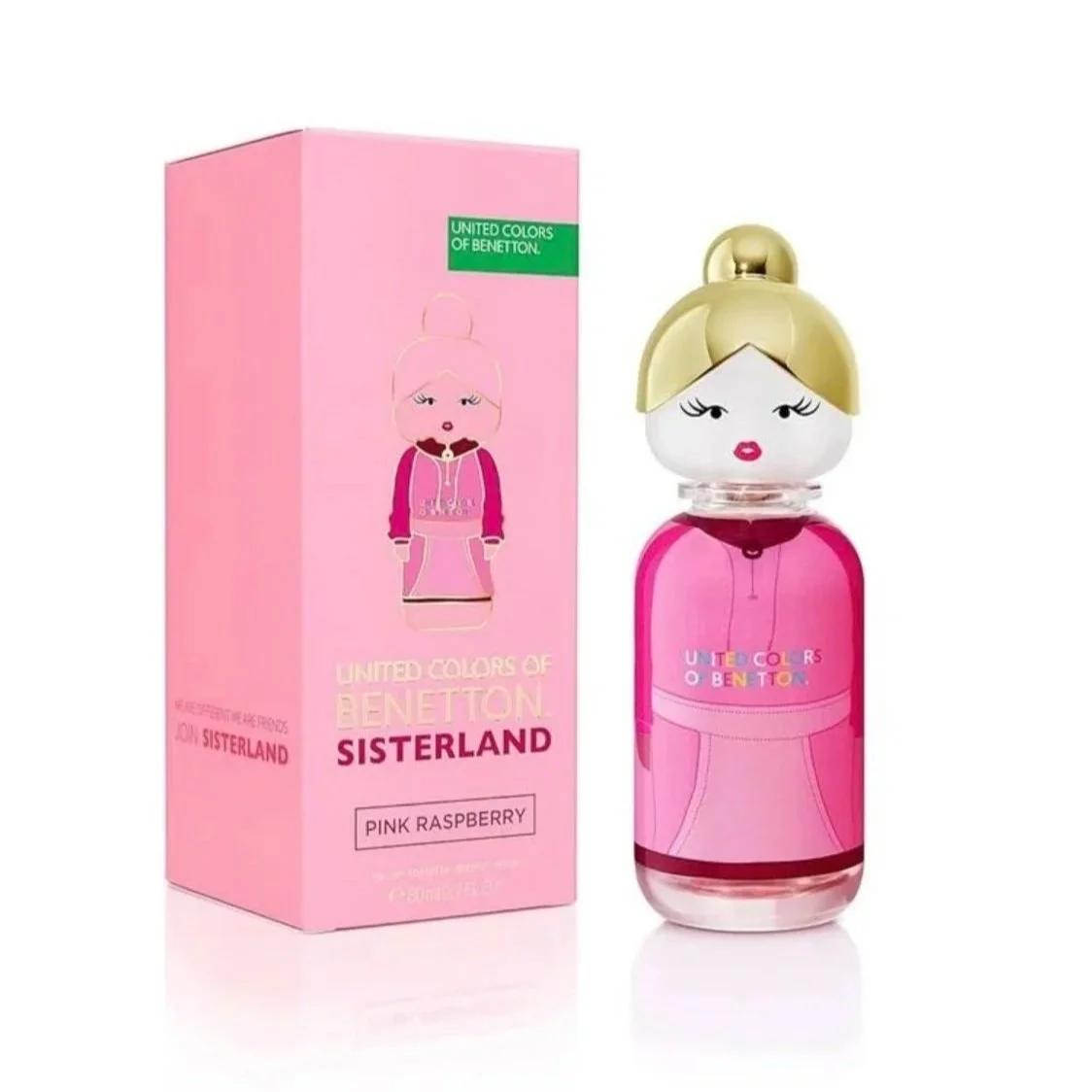A pink perfume bottle with a cartoon girl face and a matching pink box, both labeled 'United Colors of Benetton Sisterland' and 'Pink Raspberry'.