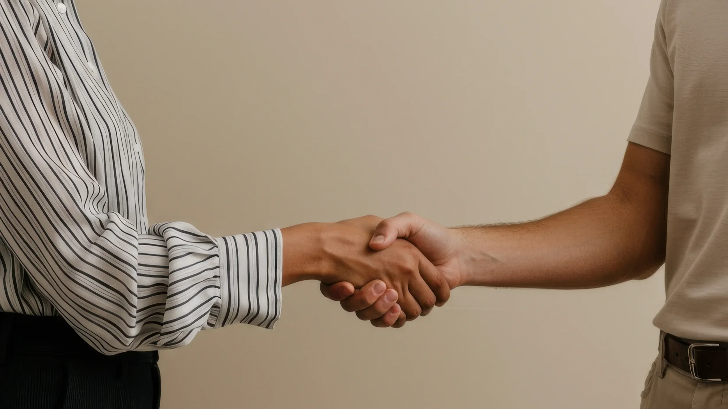 Two people shaking hands, one wearing a striped shirt and the other a light-colored shirt, against a neutral background.