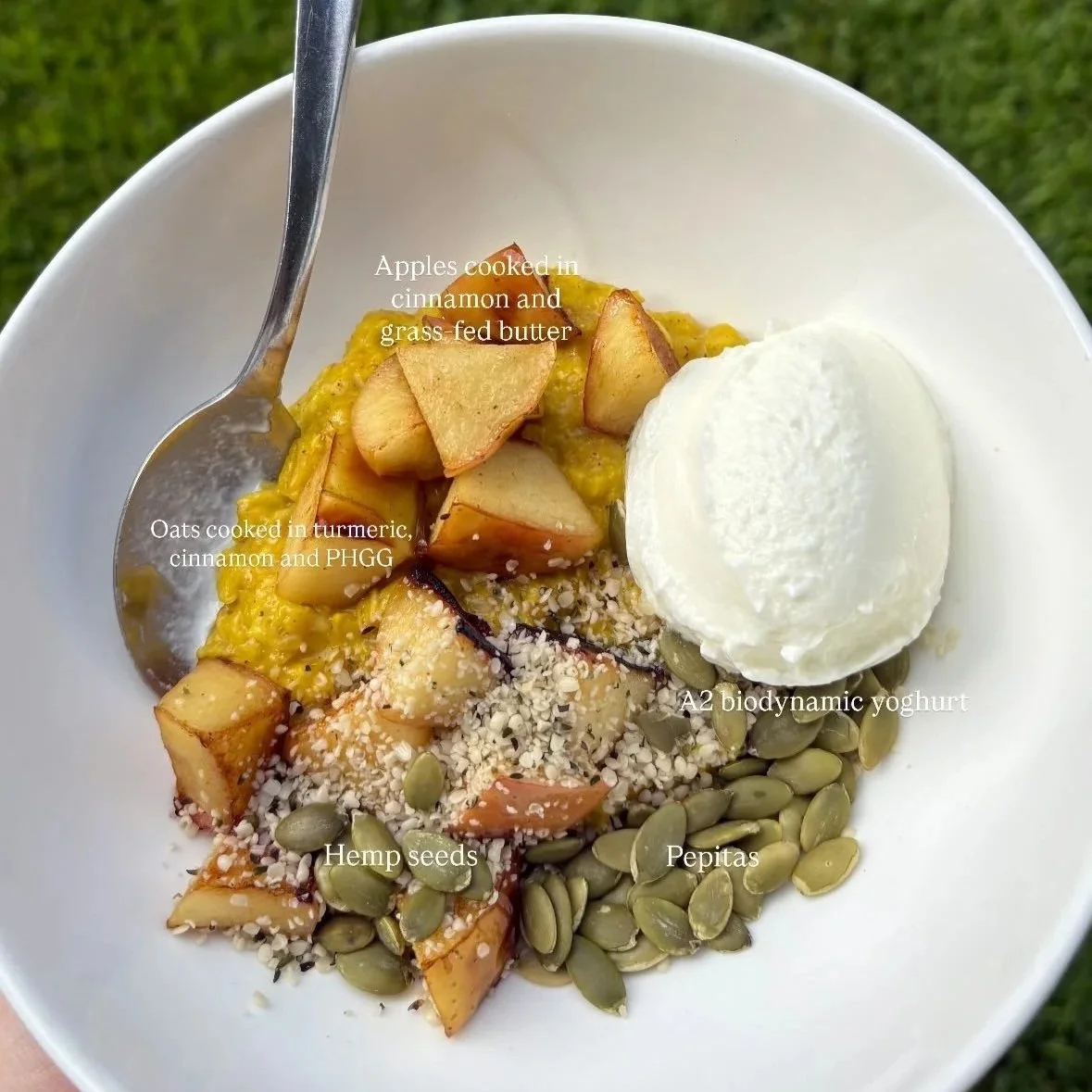 A bowl of food containing cooked apples in cinnamon and grass-fed butter, oats cooked with turmeric, cinnamon, and PHGG, hemp seeds, Pepitas, and a scoop of A2 biodynamic yogurt with a spoon.
