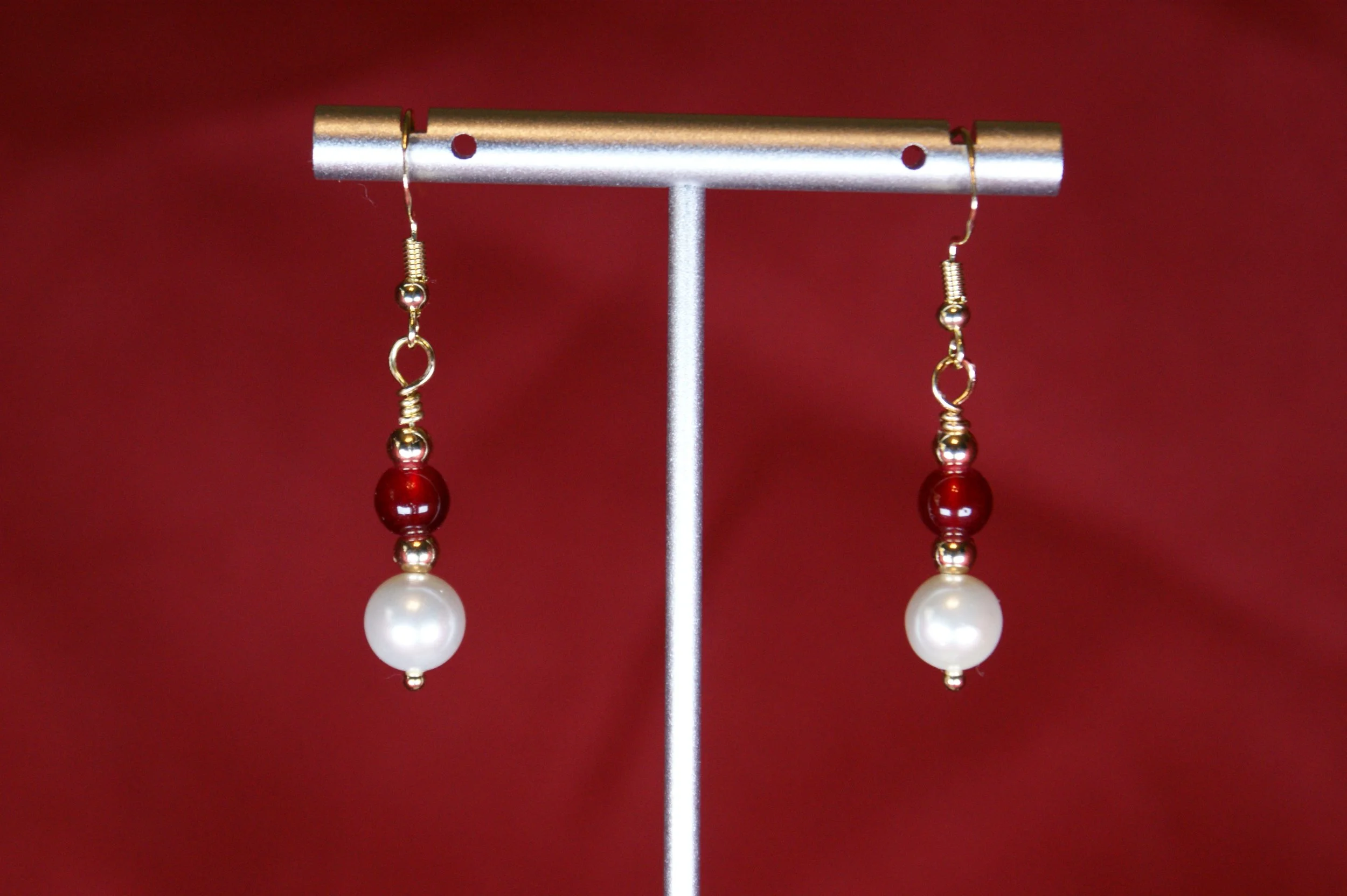 Timeless Pearl and Red Bead Drop Earrings