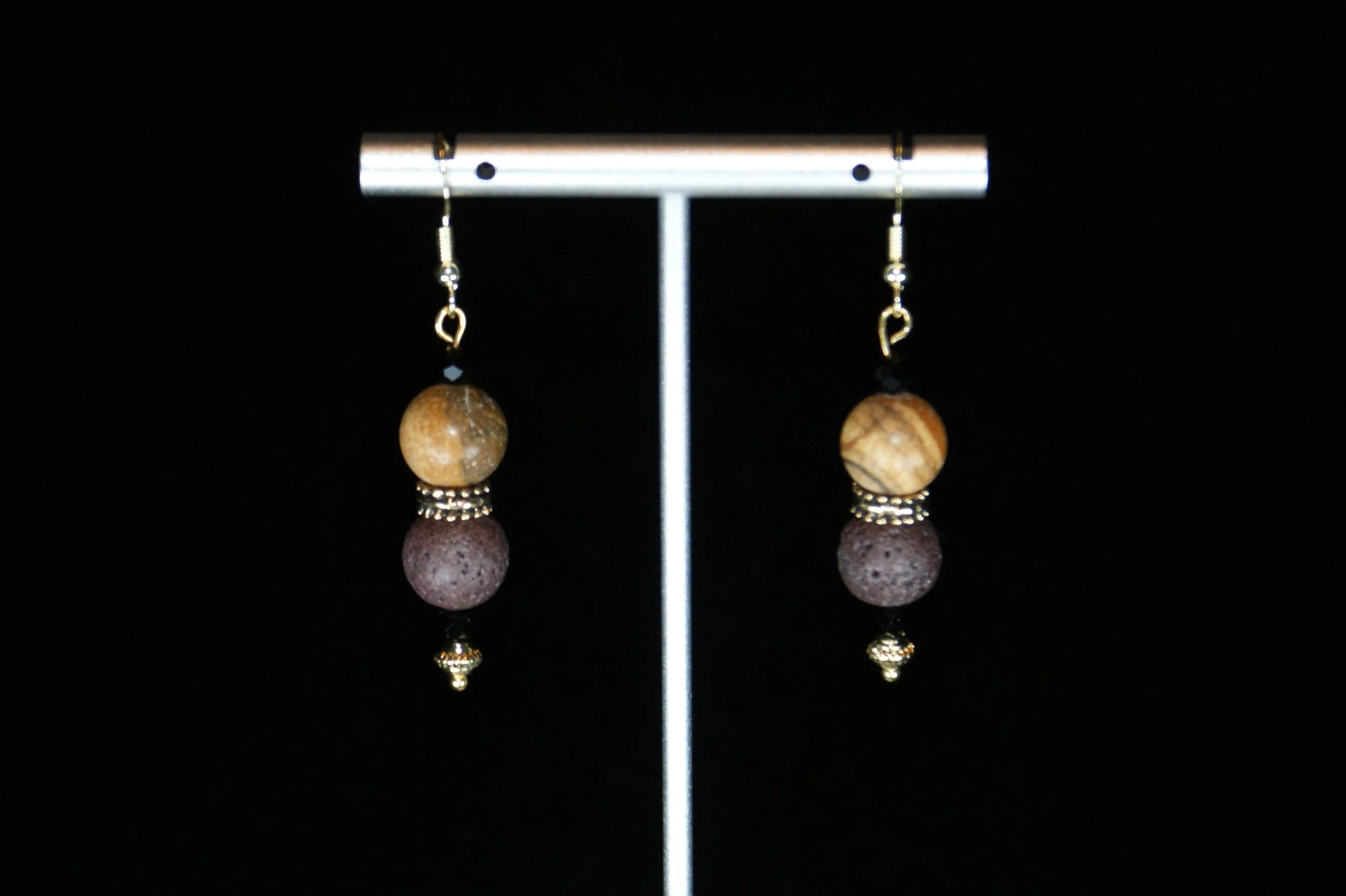 Natural Wood and Lava Bead Drop Earrings