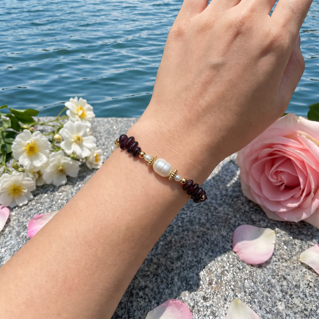 Garnet & Pearl Elegance Bracelet