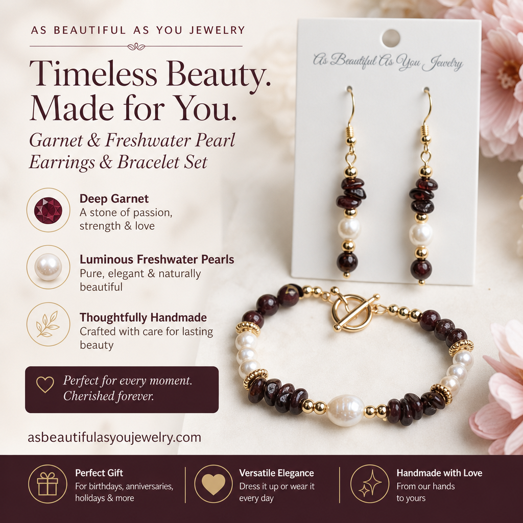 A jewelry advertisement showcasing a set of garnet and freshwater pearl earrings and bracelet with gold accents. The text highlights the gemstones' meanings and craftsmanship, emphasizing their beauty and suitability for various occasions.
