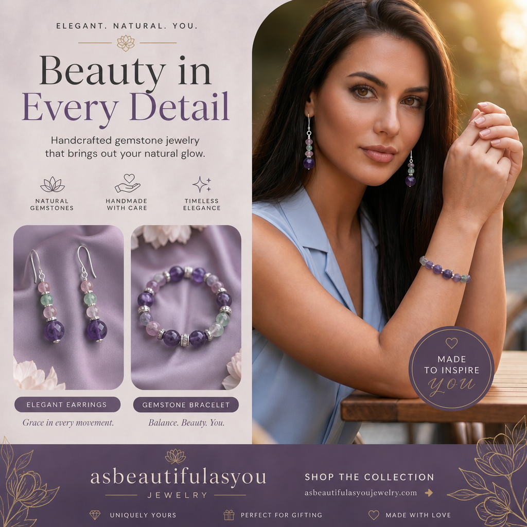 A woman with long brown hair and earrings, wearing a bracelet of purple and green gemstone beads, sitting outdoors at sunset. The left part of the image features jewelry product displays and descriptions for handcrafted gemstone jewelry including earrings and a bracelet, with the tagline "Beauty in Every Detail".