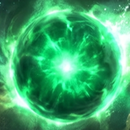 Bright green energy sphere with swirling lights and glowing effects.