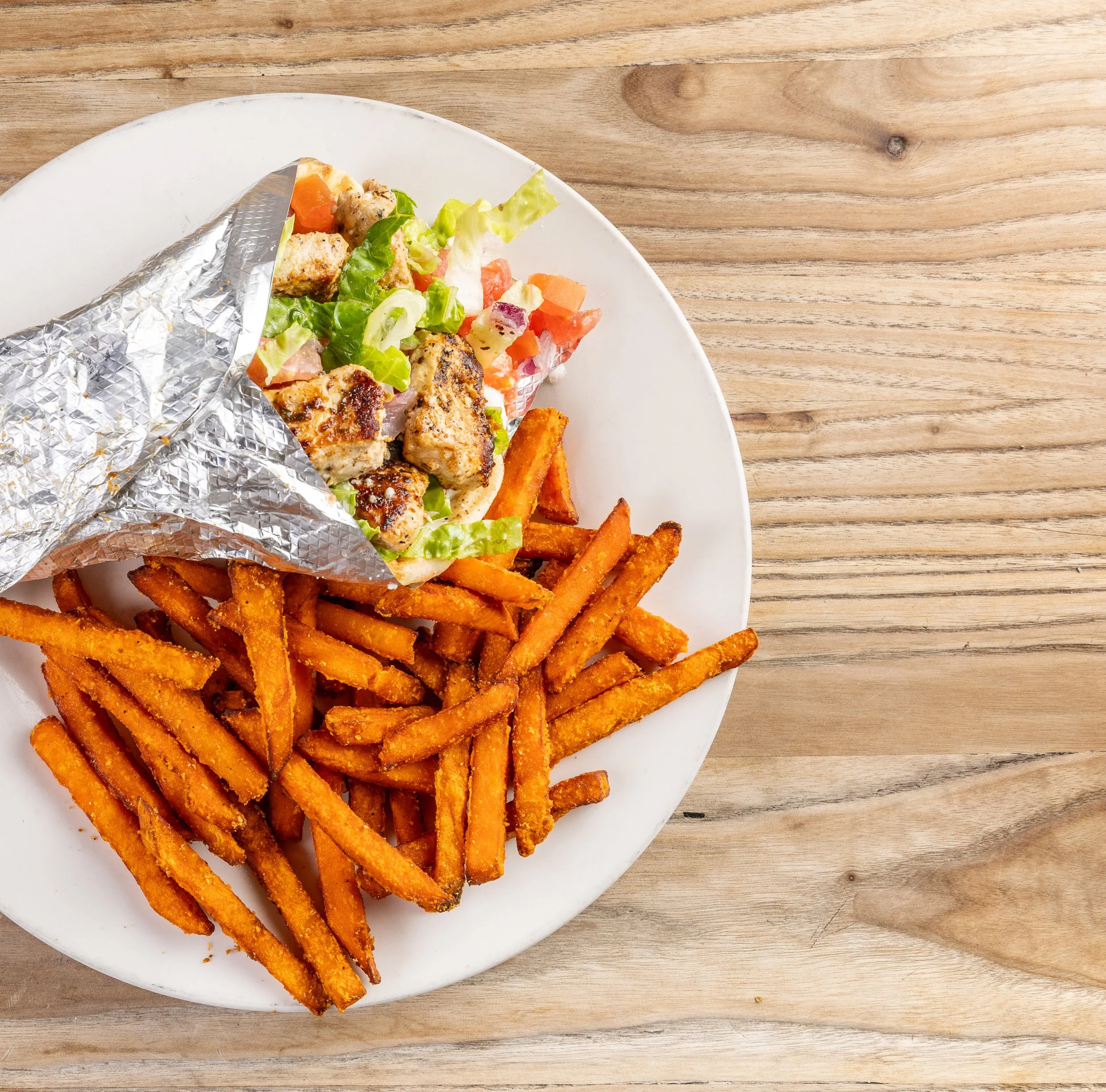 Pork Souvlaki with Sweet Potato Fries