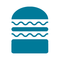 Blue icon of a hamburger with a bun, lettuce, and patty