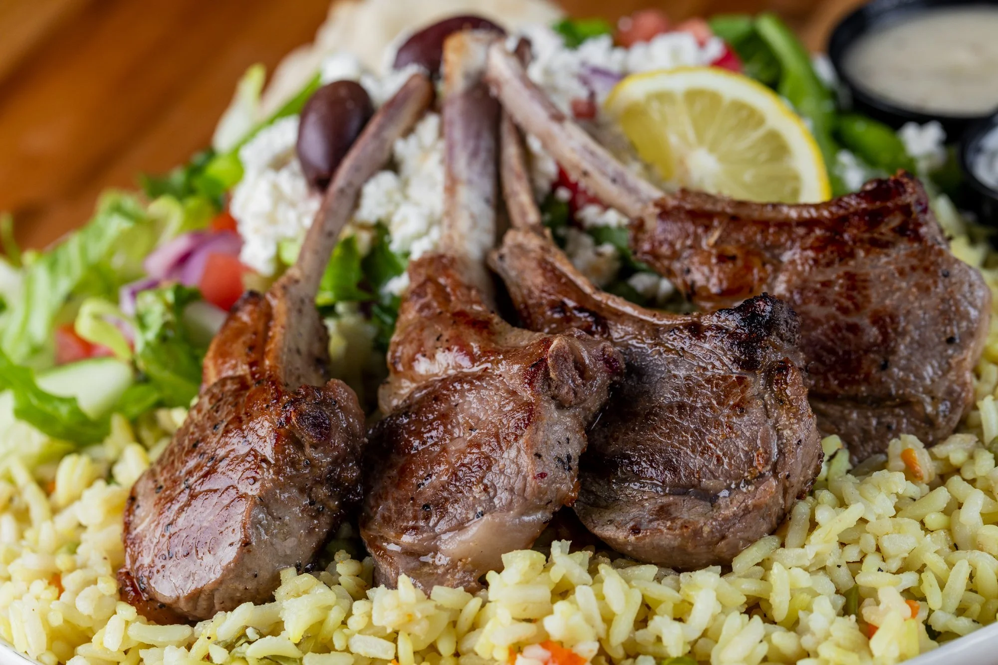 Lamb Chops on a Bed of Rice with Salad