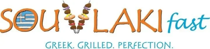 Logo for Souvlaki Fast with text 'Greek. Grilled. Perfection.' and a graphic of skewered grilled meat and vegetables.