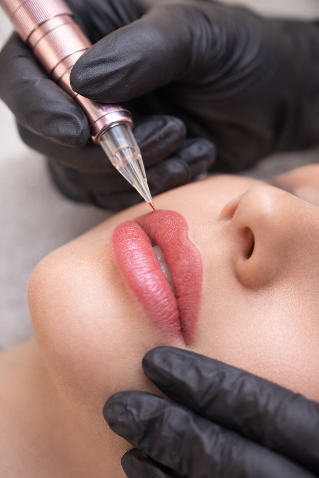 A person with pink lips receives a lip tattooing procedure from a tattoo artist wearing black gloves, using a tattoo pen on the person's lips.