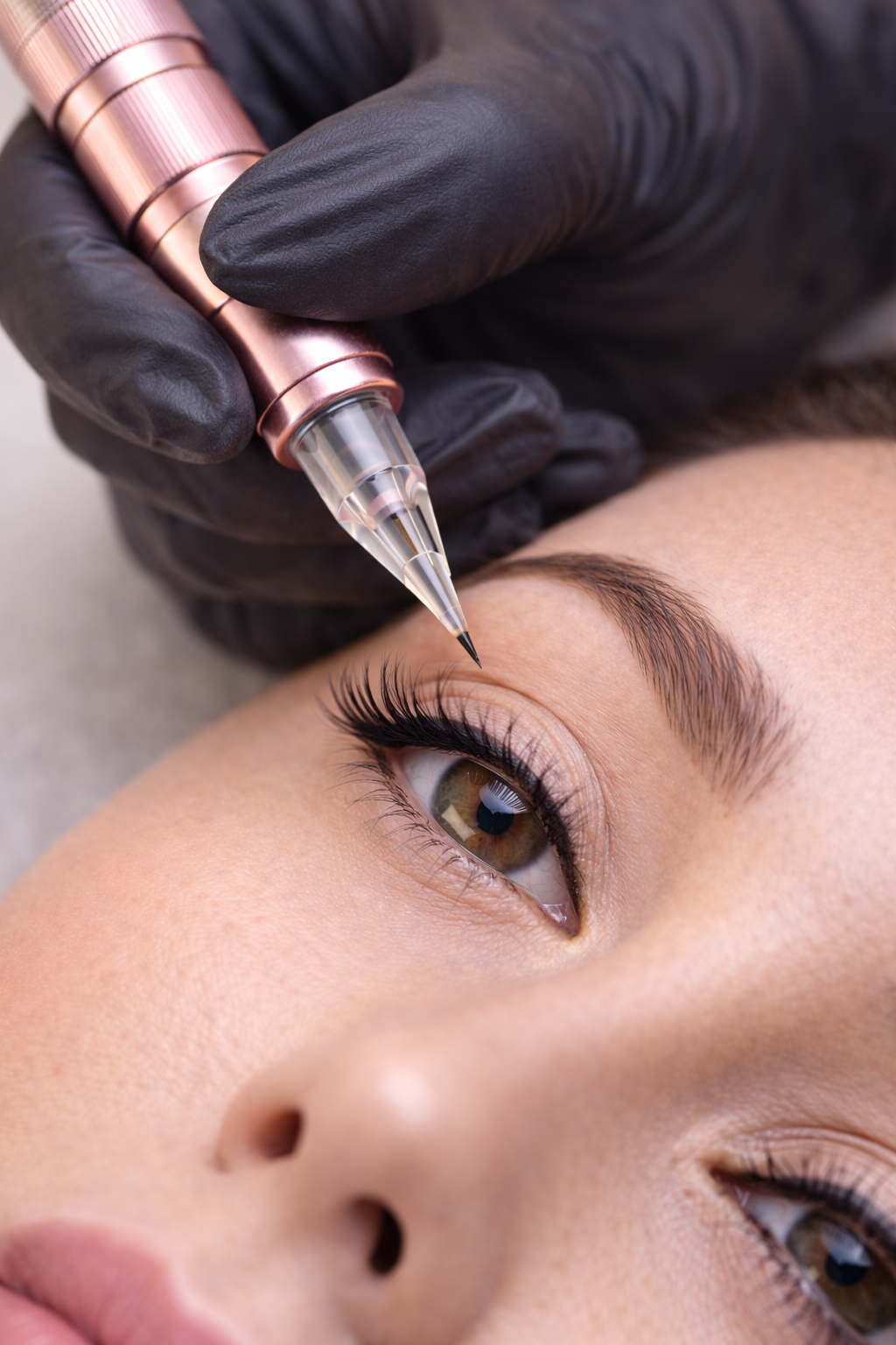 A person receiving semi-permanent eyebrow tattooing, lying down with a technician wearing black gloves using a tattoo pen on their eyebrow.