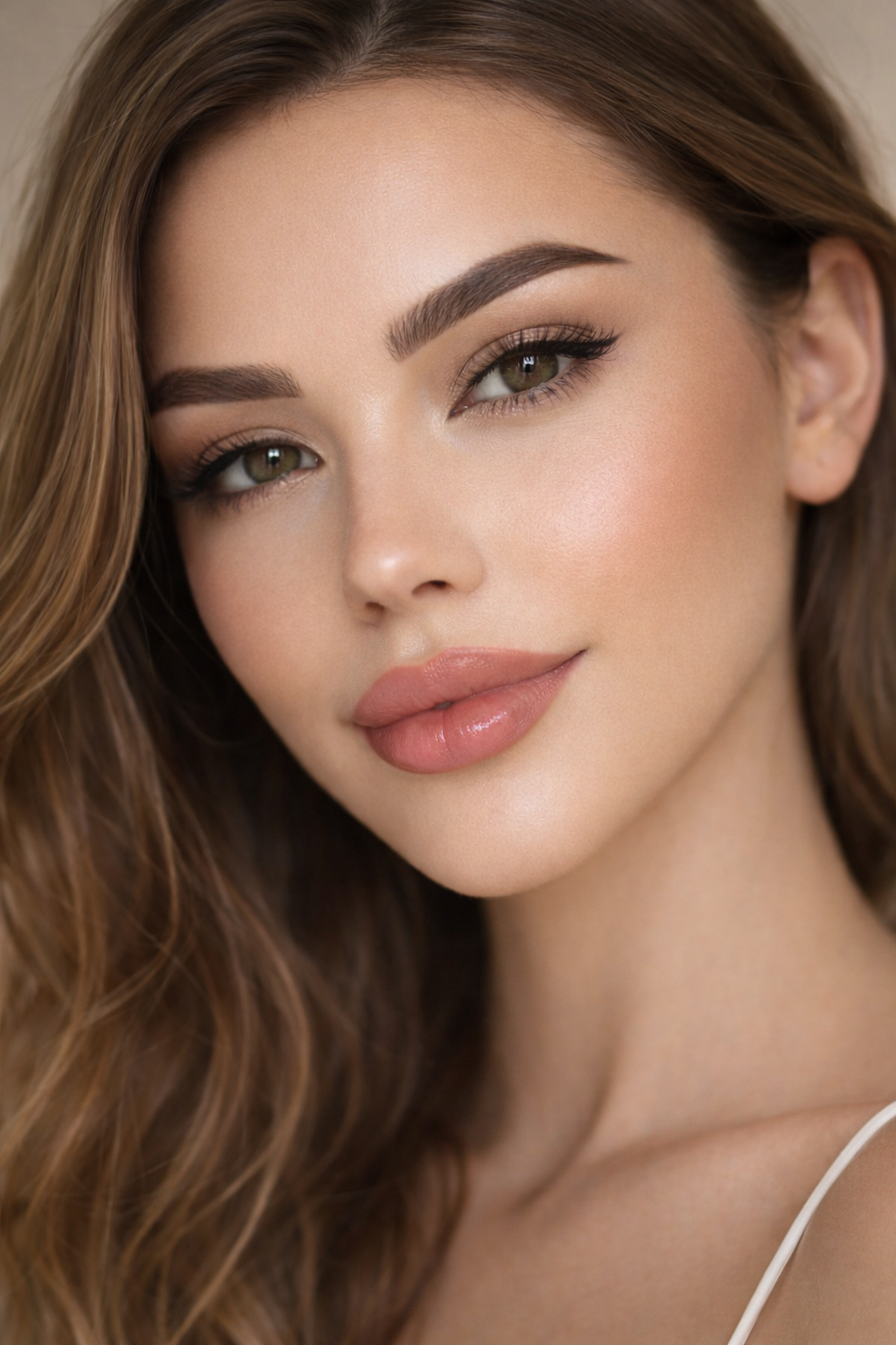 Close-up of a woman with long, wavy brown hair, green eyes, well-defined eyebrows, and natural makeup.
