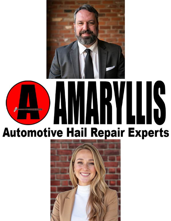 Business logo for Amaryllis Automotive Hail Repair Experts with a red circle, black letter 'A', and two photographs of smiling professionals, a man and a woman, against a brick wall background.