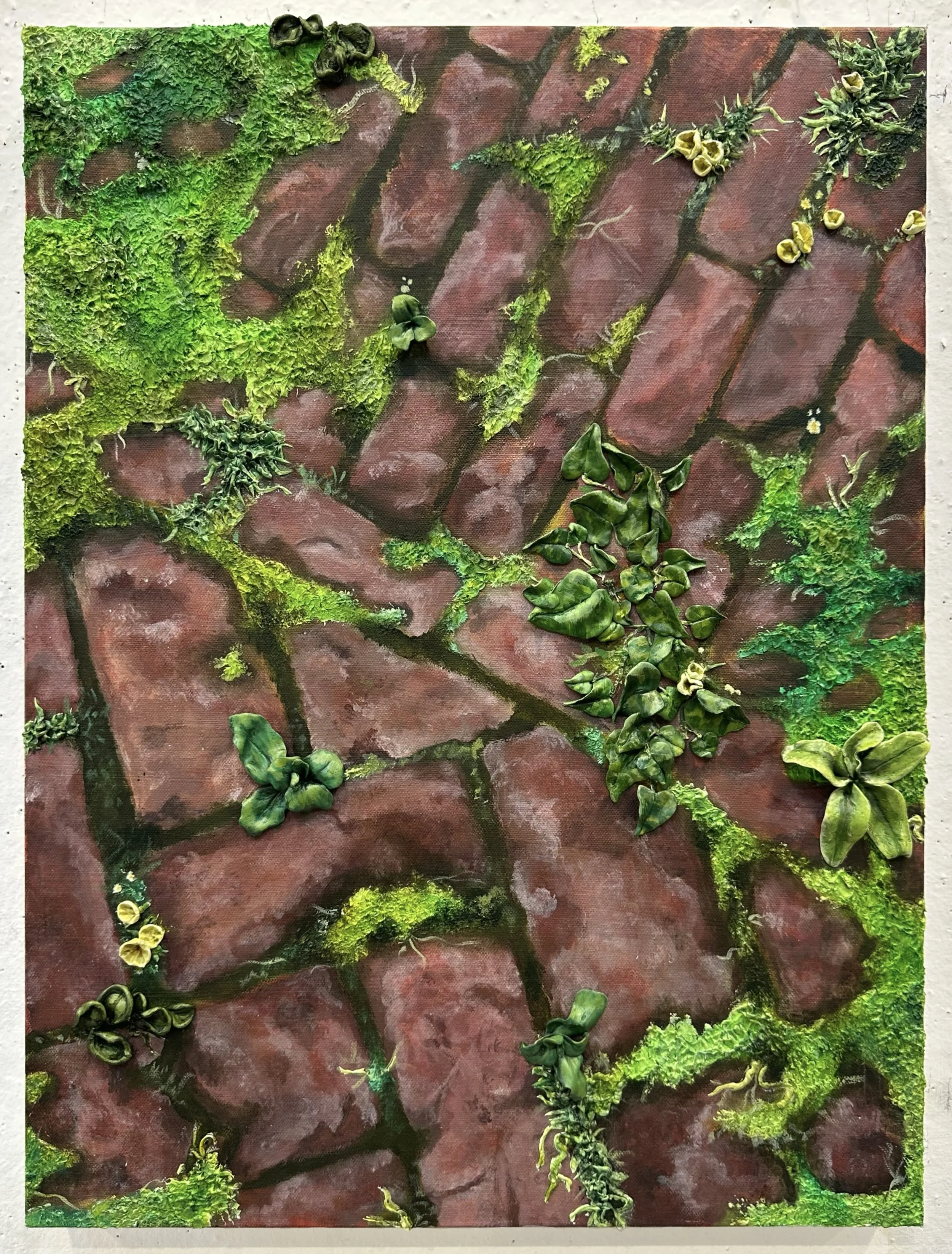 A painting of a distressed brick sidewalk with grasses, vines, and moss overtaking it.