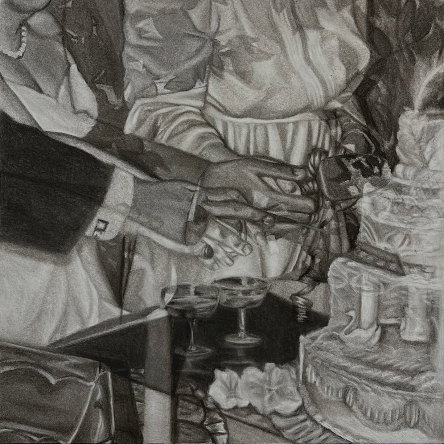 It's Still the Same
Charcoal on paper, 20"x20", 2026

This piece is my third drawing in my capstone series! My work this year has been focusing on the mechanical aspects of memory and how your memories change over time through both drawings