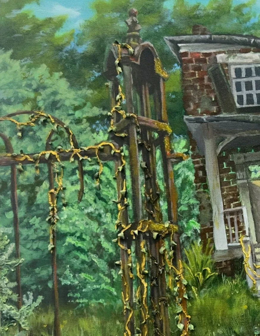 Close up on a mossy, overgrown fence in front of a derelict house in the piece, "Thrush Music - Hark!"