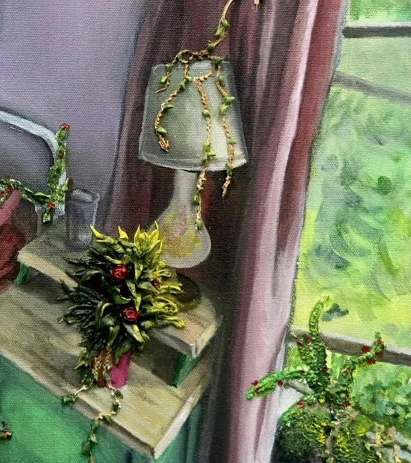 Close up on a nightstand with a lamp and rose bush in front of an overgrown, open window in the piece, "A Lovely Place to Lie."