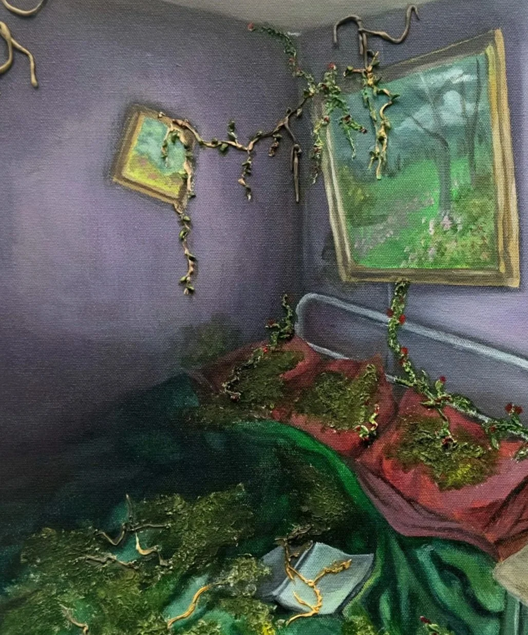 A bed shrouded in darkness and overtaken by vines and moss with pictures hanging above it and an abandoned book in the piece, "A Lovely Place to Lie."