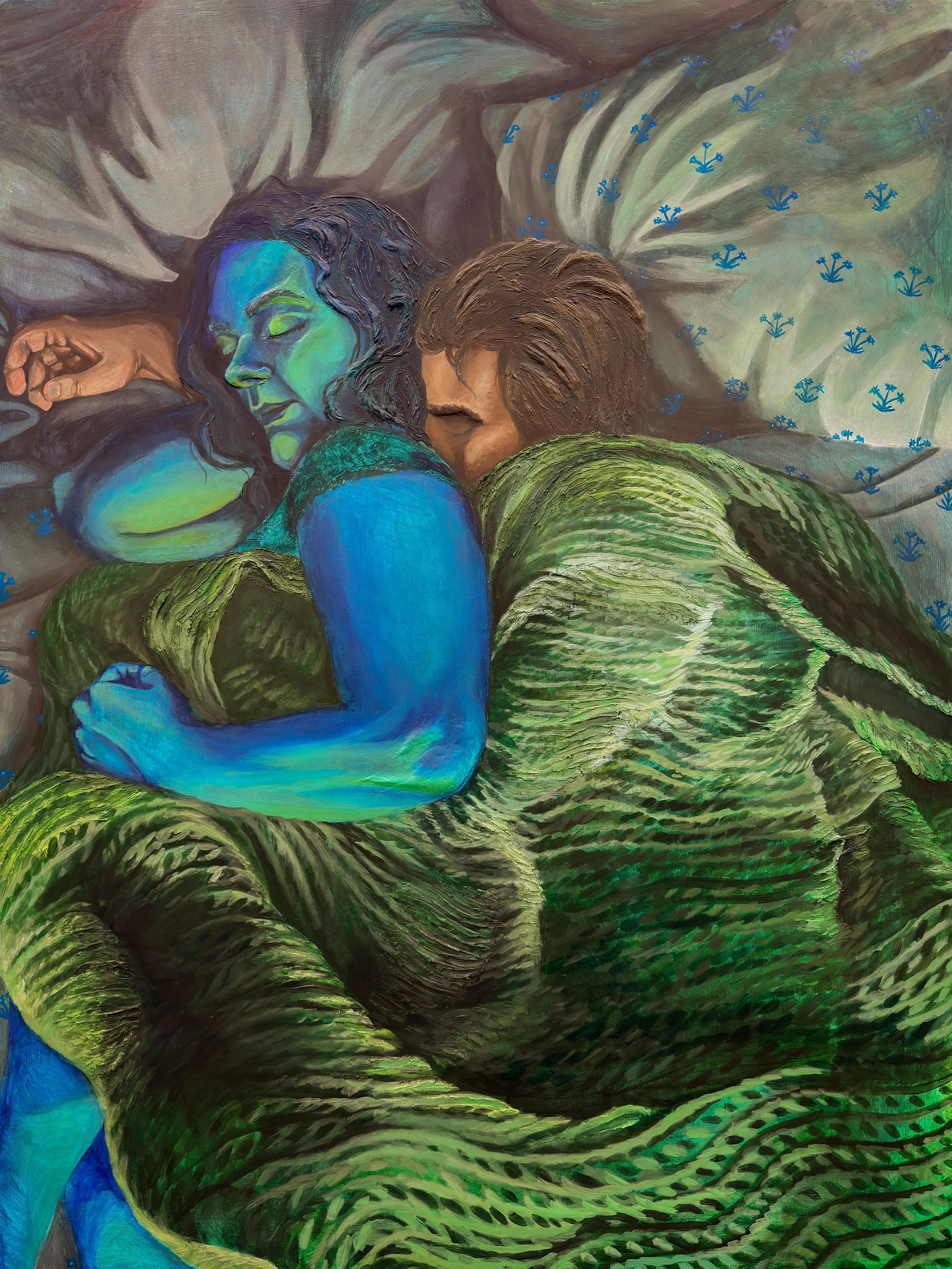 A painting of two people sleeping under an abstracted, green blanket. The woman has blue and green skin while the man has a normal skin tone.