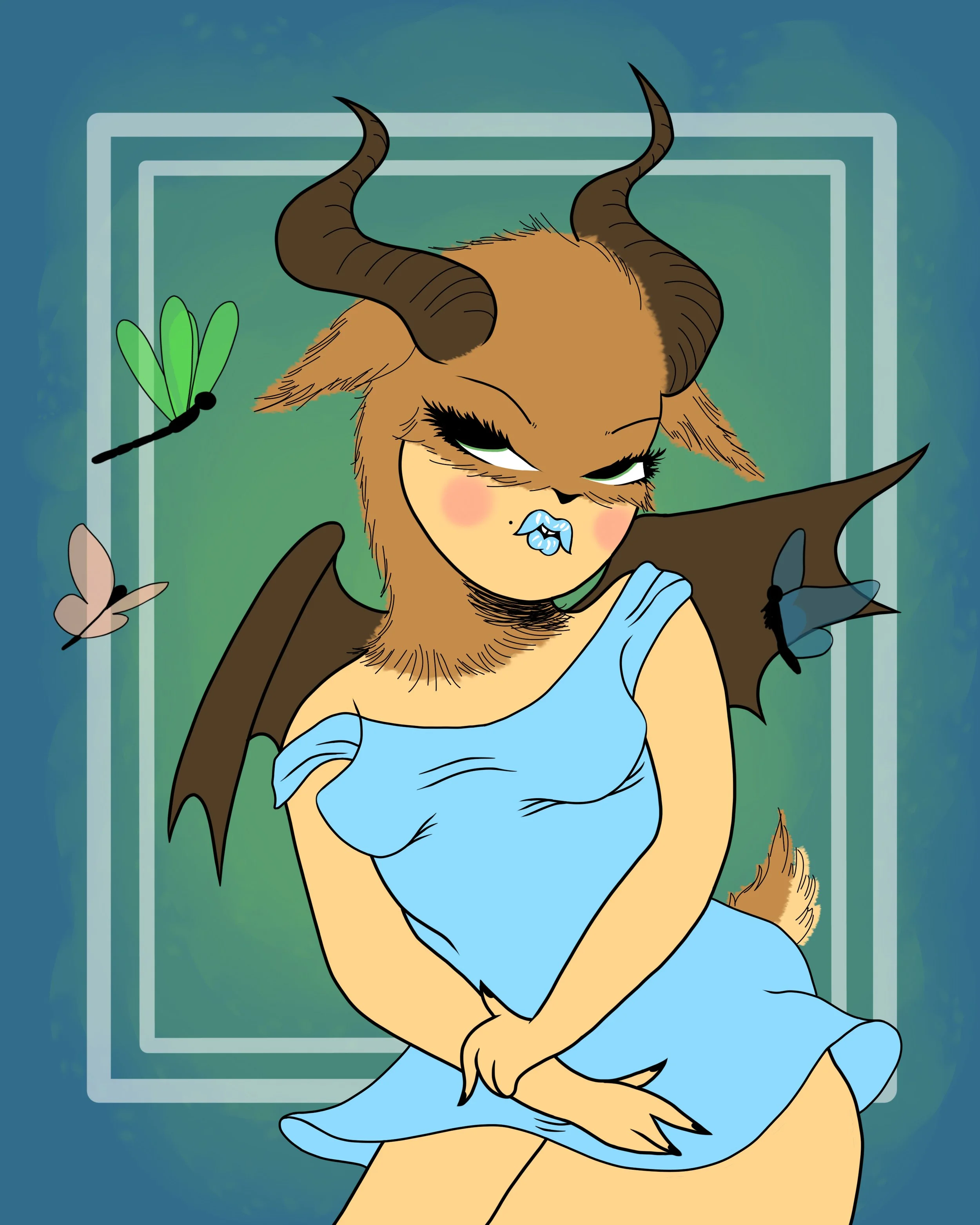 Digital illustration in the style of Miss Van depicting a goat creature and butterflies in front of a blue background.