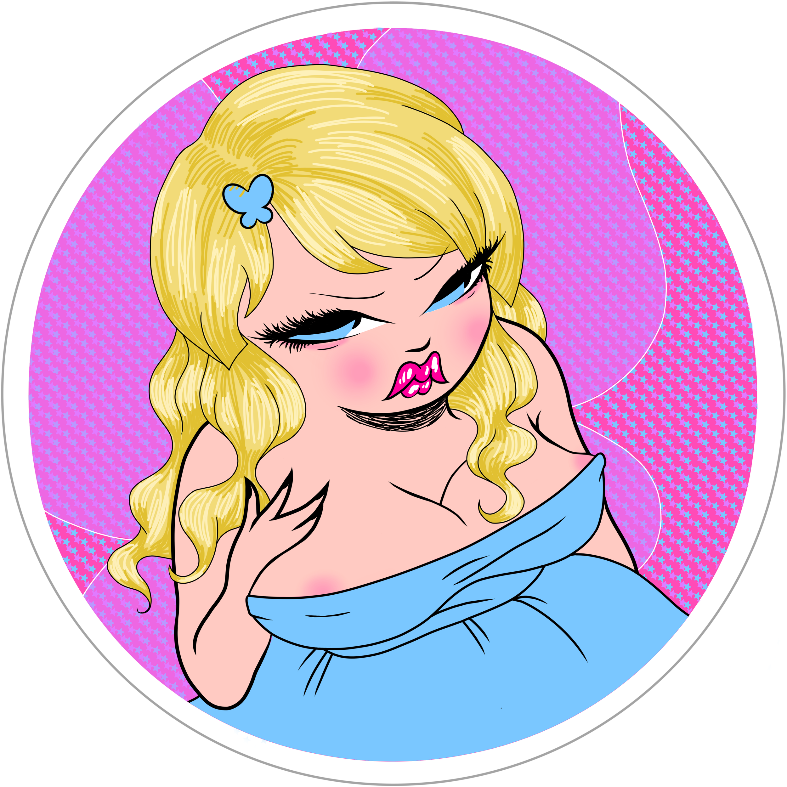 Sticker design in the style of Miss Van depicting a blonde-haired fairy on a pink background