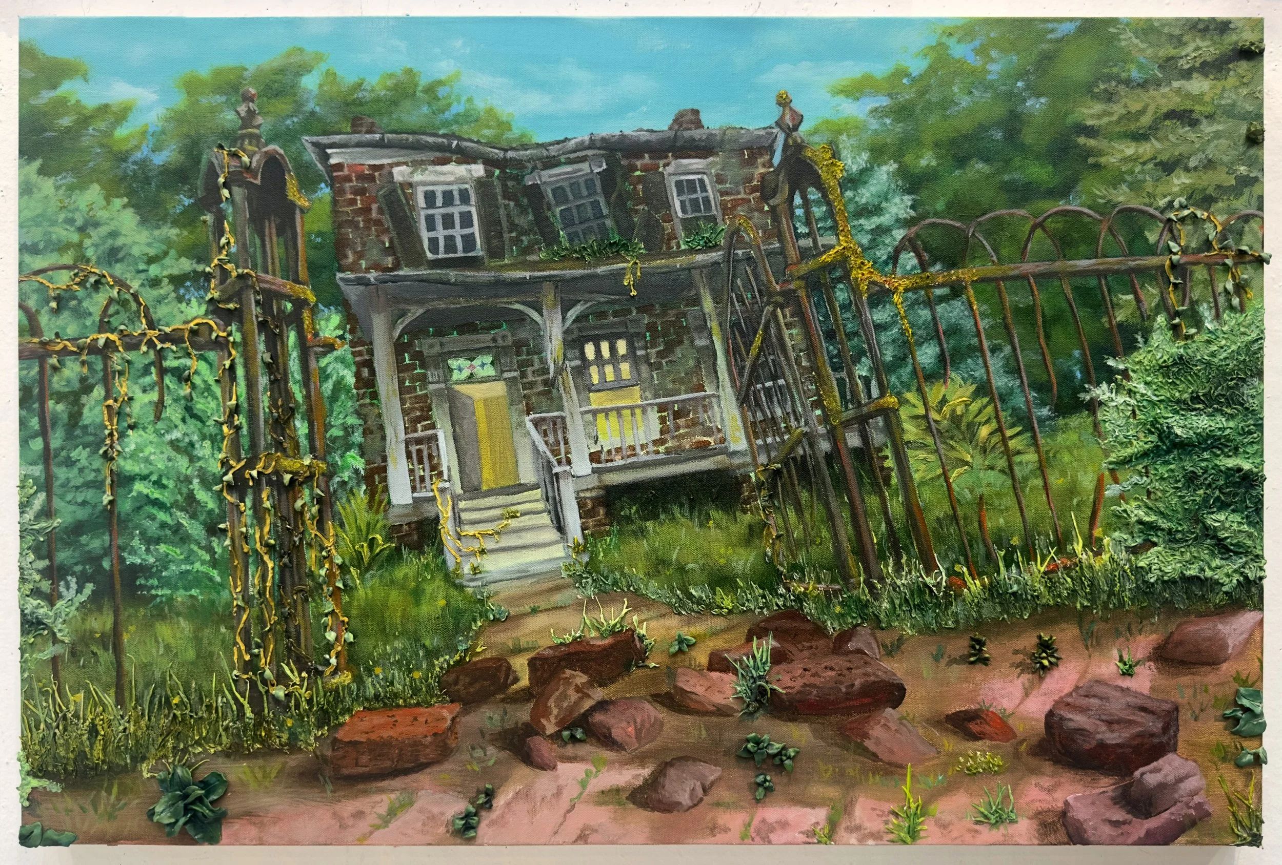 A painting of an abandoned brick house falling apart in a clearing. A fence is in front of it, with a distressed brick path leading you in.