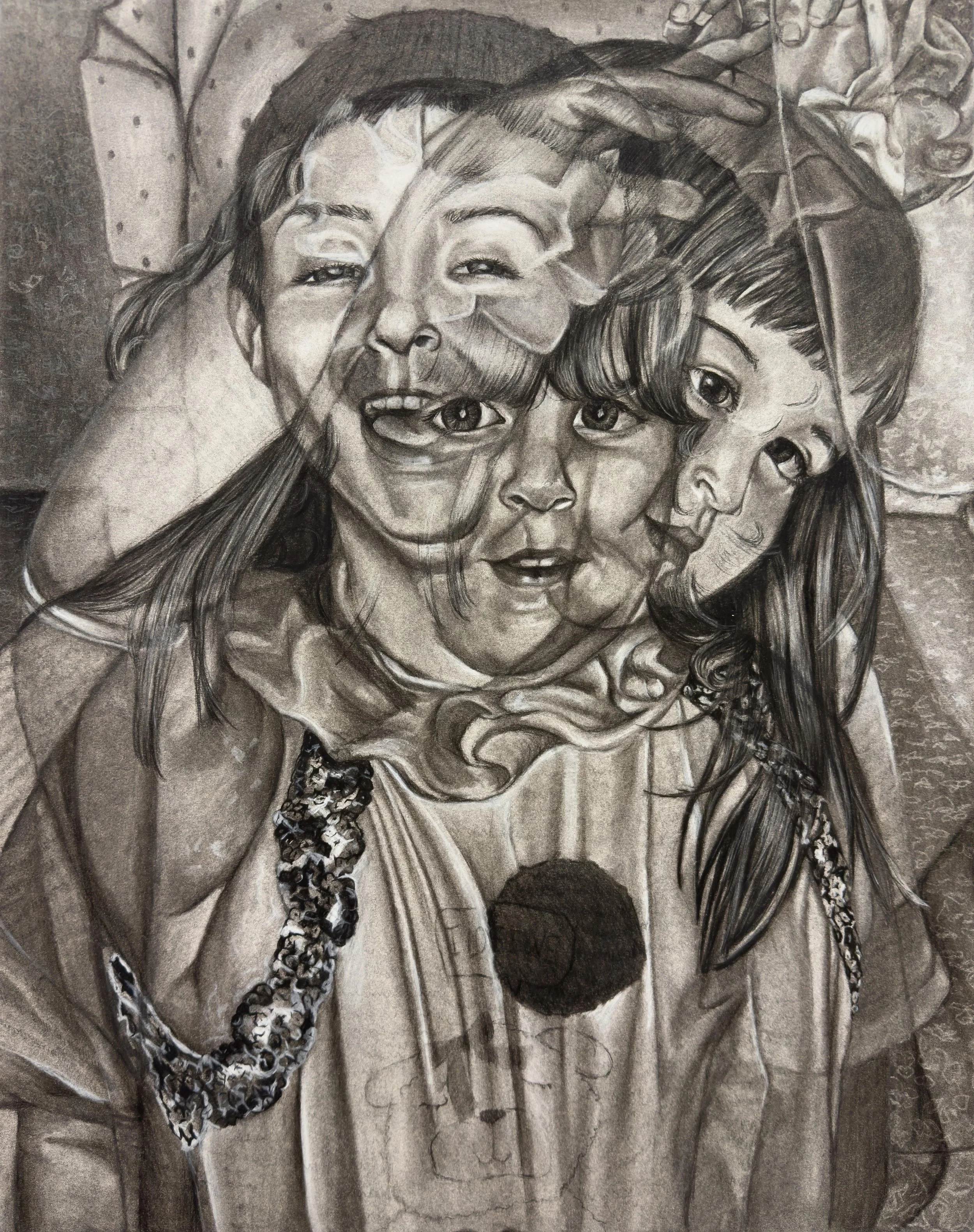 A drawing of three toddlers transparently overlayed over each other. One's nightgown has a small lamb on it that says "I Love Ewe."