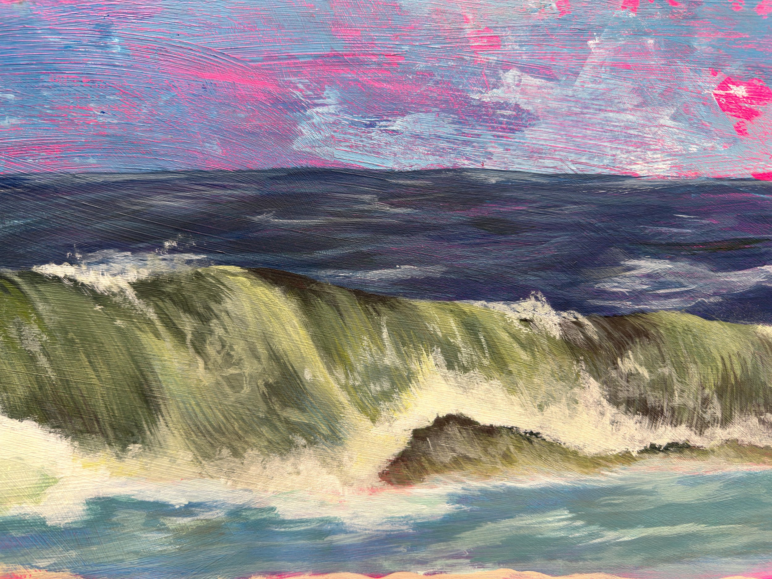 Waves crashing on a beach under an abstractly painted sky.
