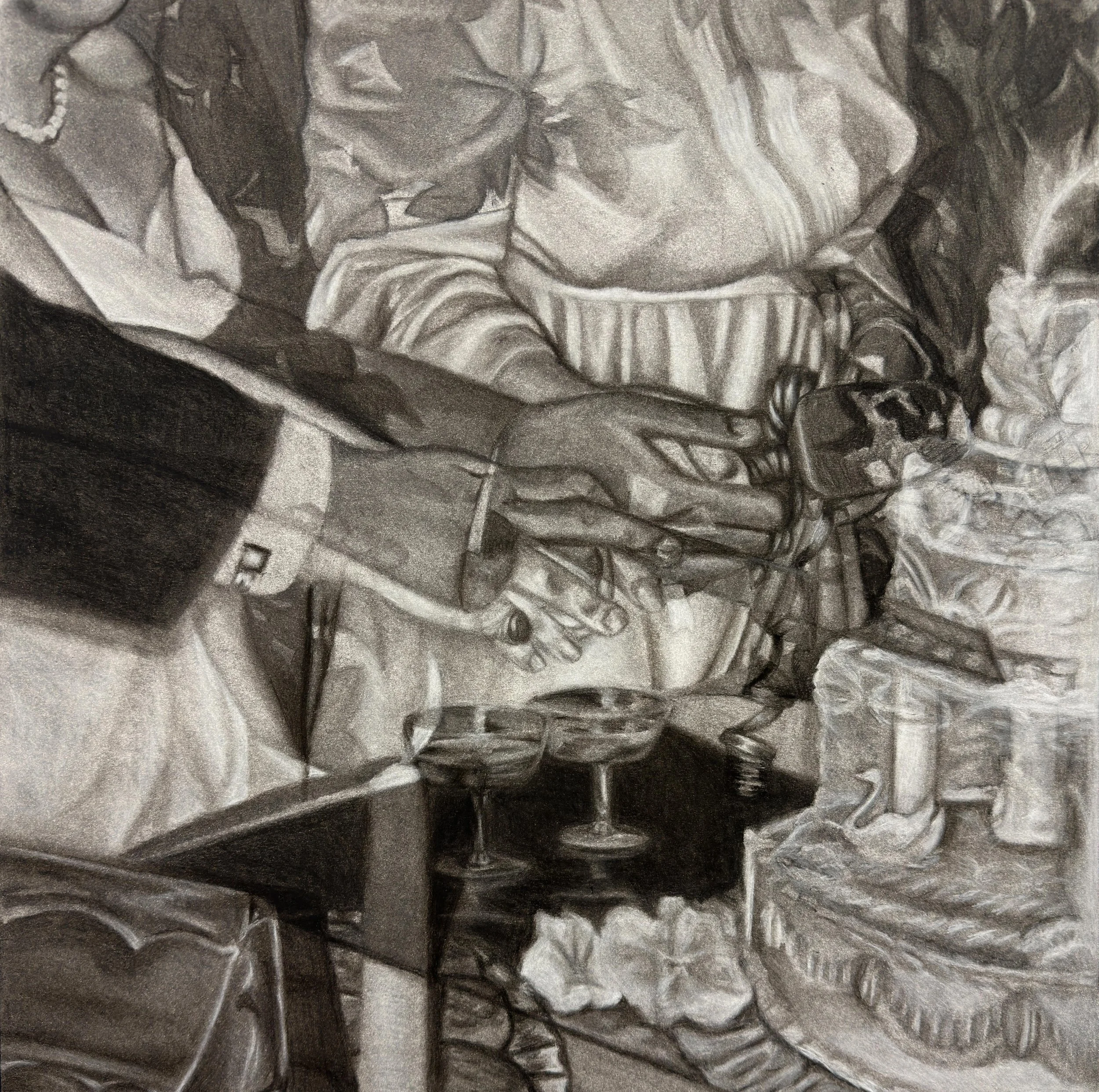 A drawing of two wedding photos of the couples cutting cakes overlayed transparently over each other.