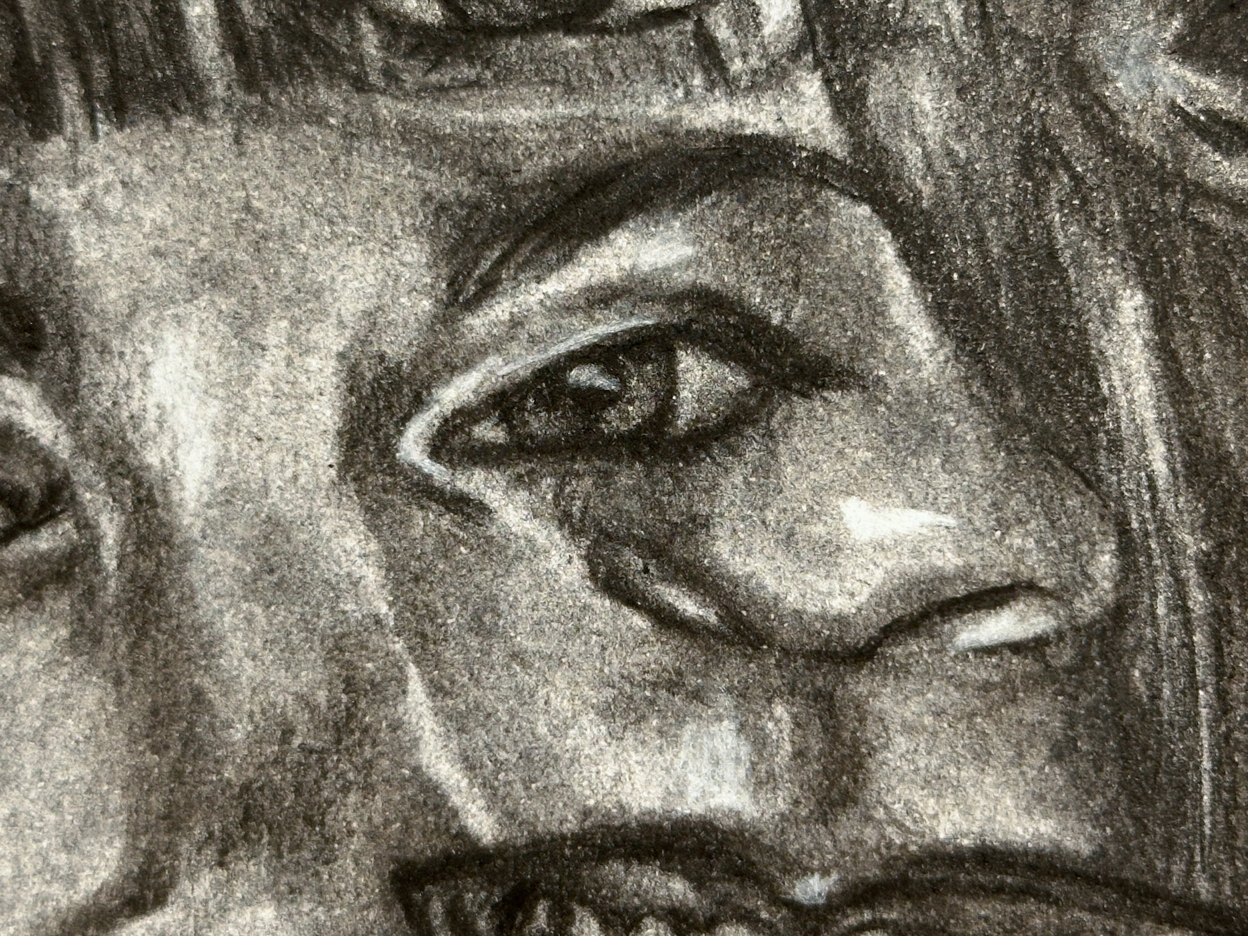 Close up of an eye and nose merged together from the piece, "Expeditions."