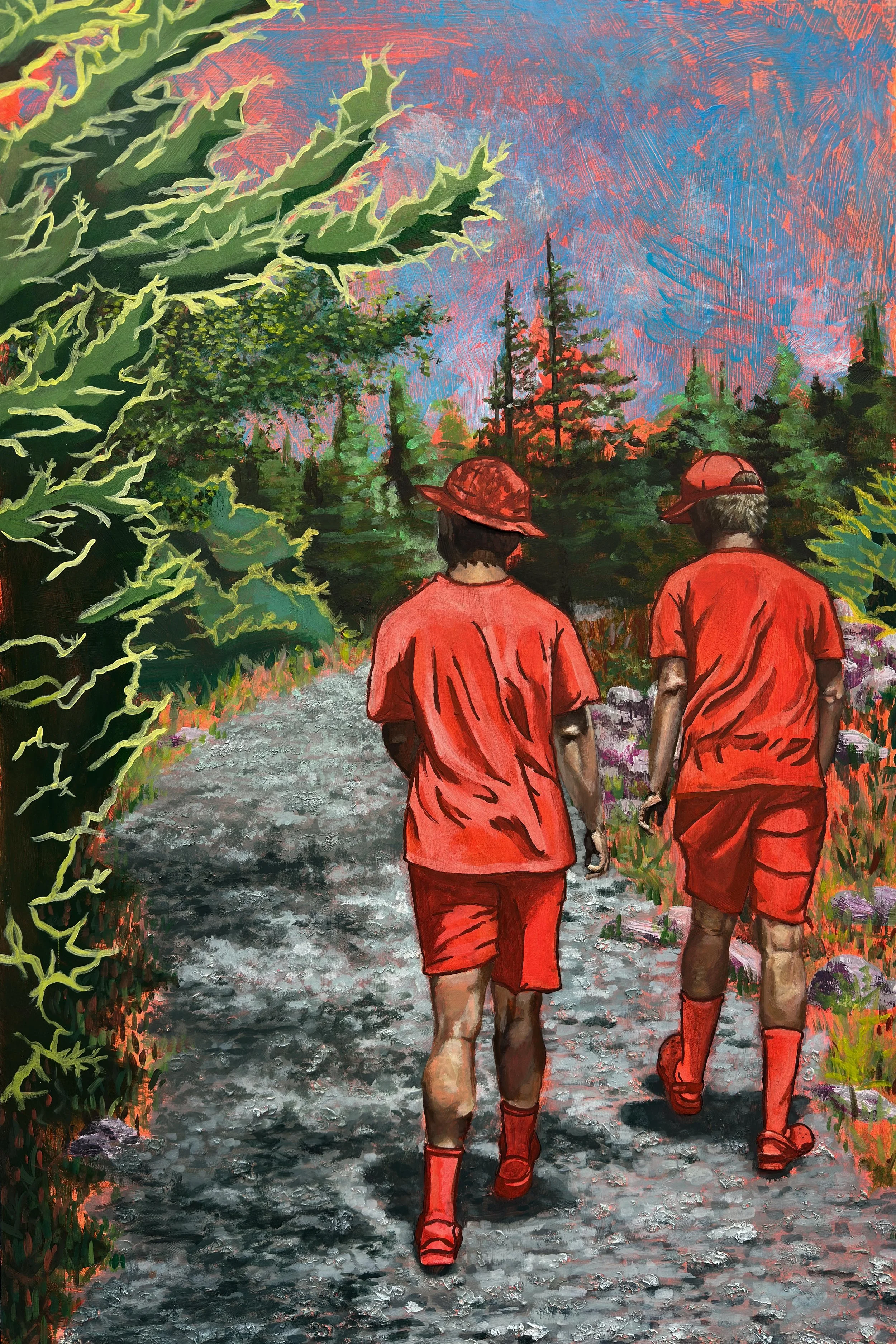 Two men walking along a nature trail with abstracted plant life and bright colors.