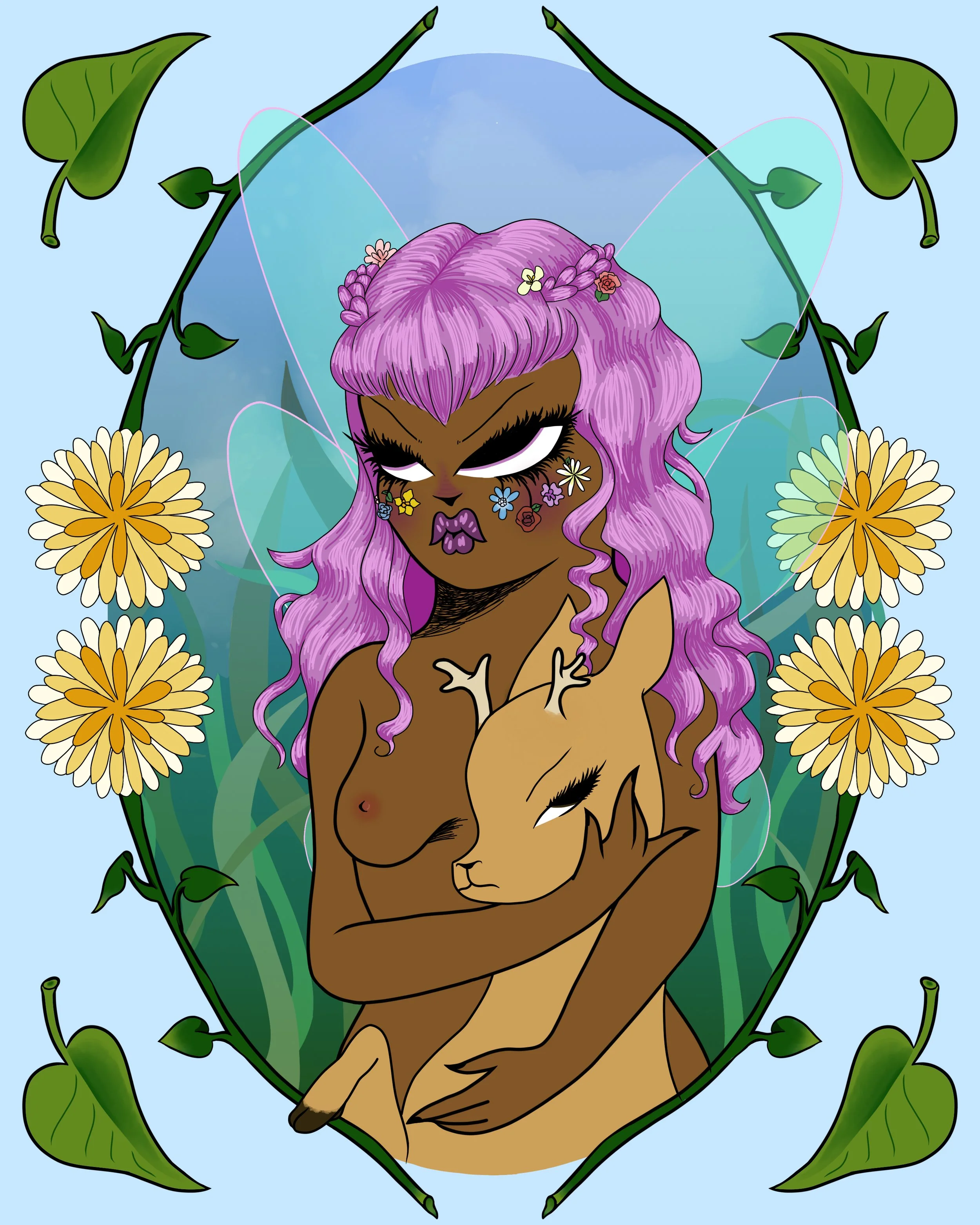 Digital illustration in the style of Miss Van depicting a purple-haired fairy with a deer