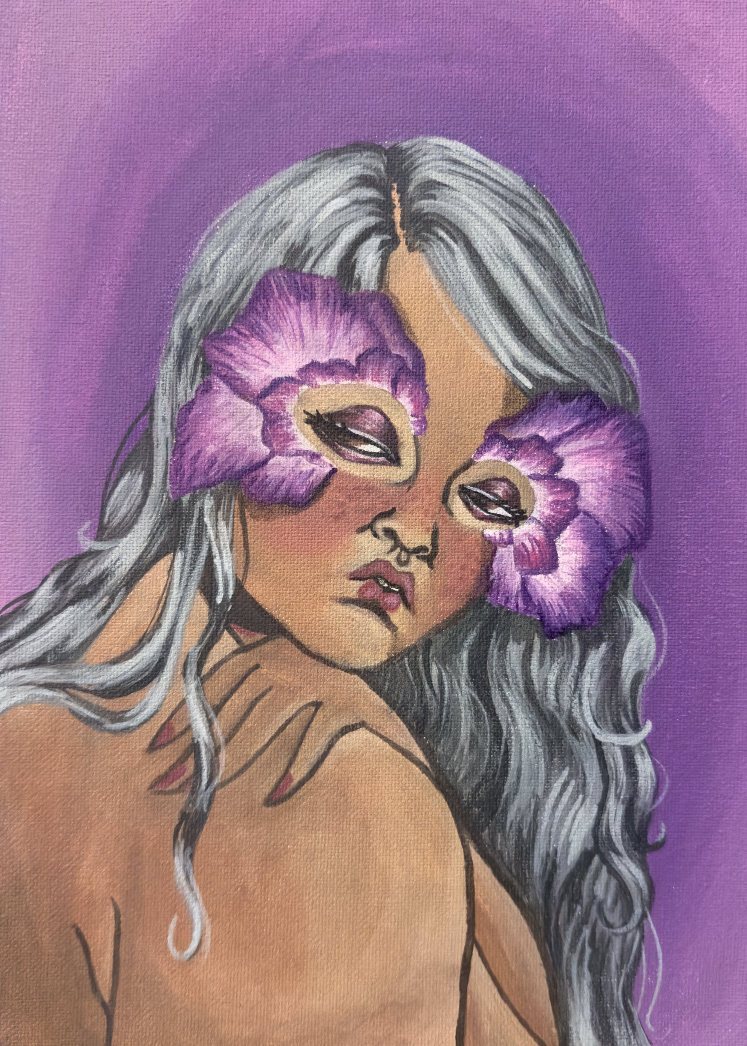 A painting done in the style of Miss Van of a fae creature with flower petals around her eyes.