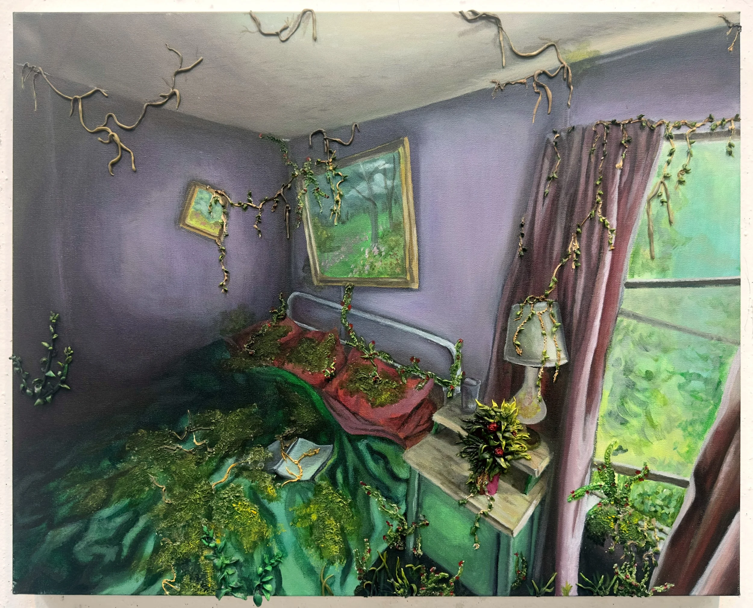 A painting of an abandoned bedroom with vines growing across the walls and mounted paintings, moss overtaking a bed with an open book laying on it, nightstand with a lamp and overgrown houseplant, and an open window.
