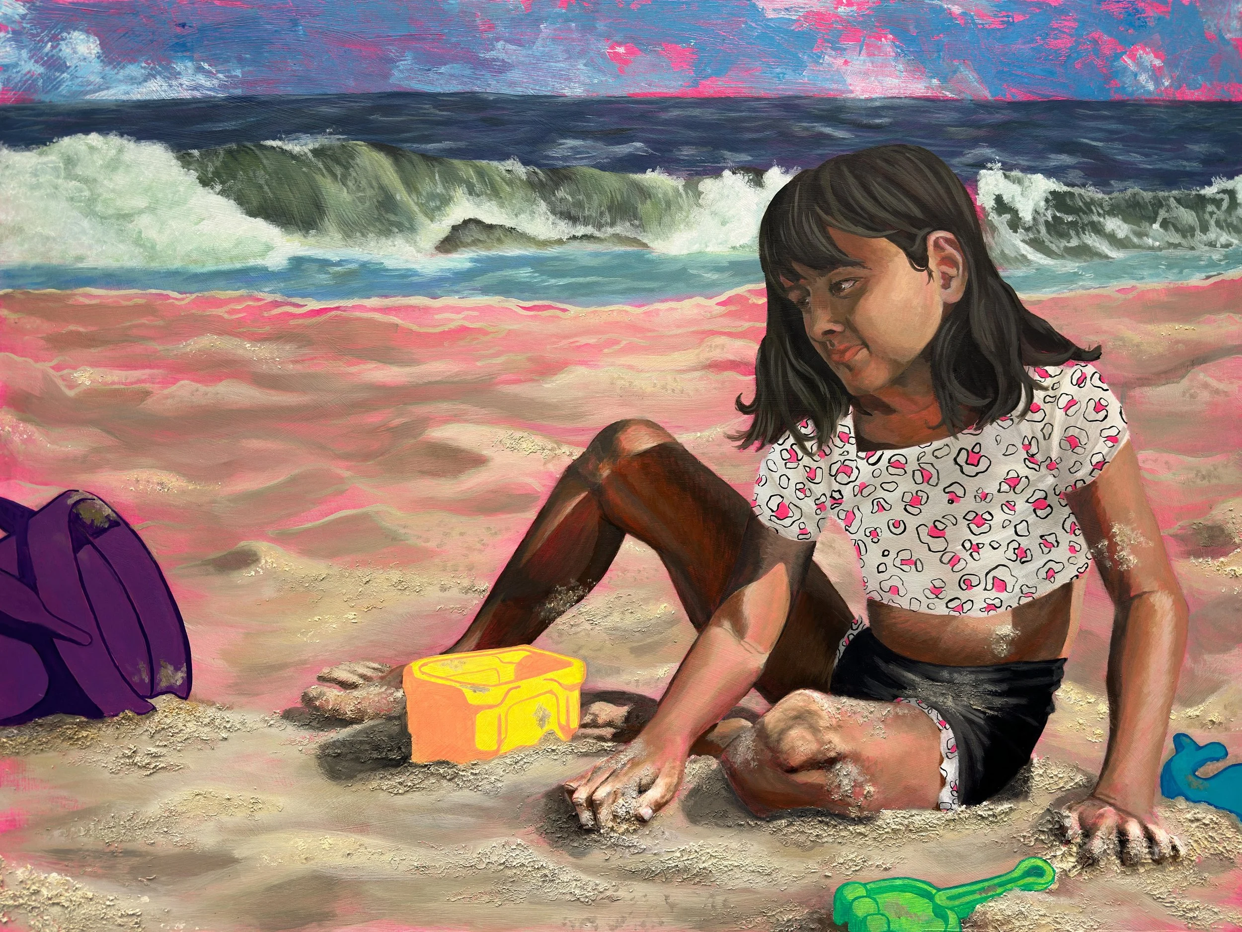 A painting of a child sitting with beach toys in the sand in front of the ocean.