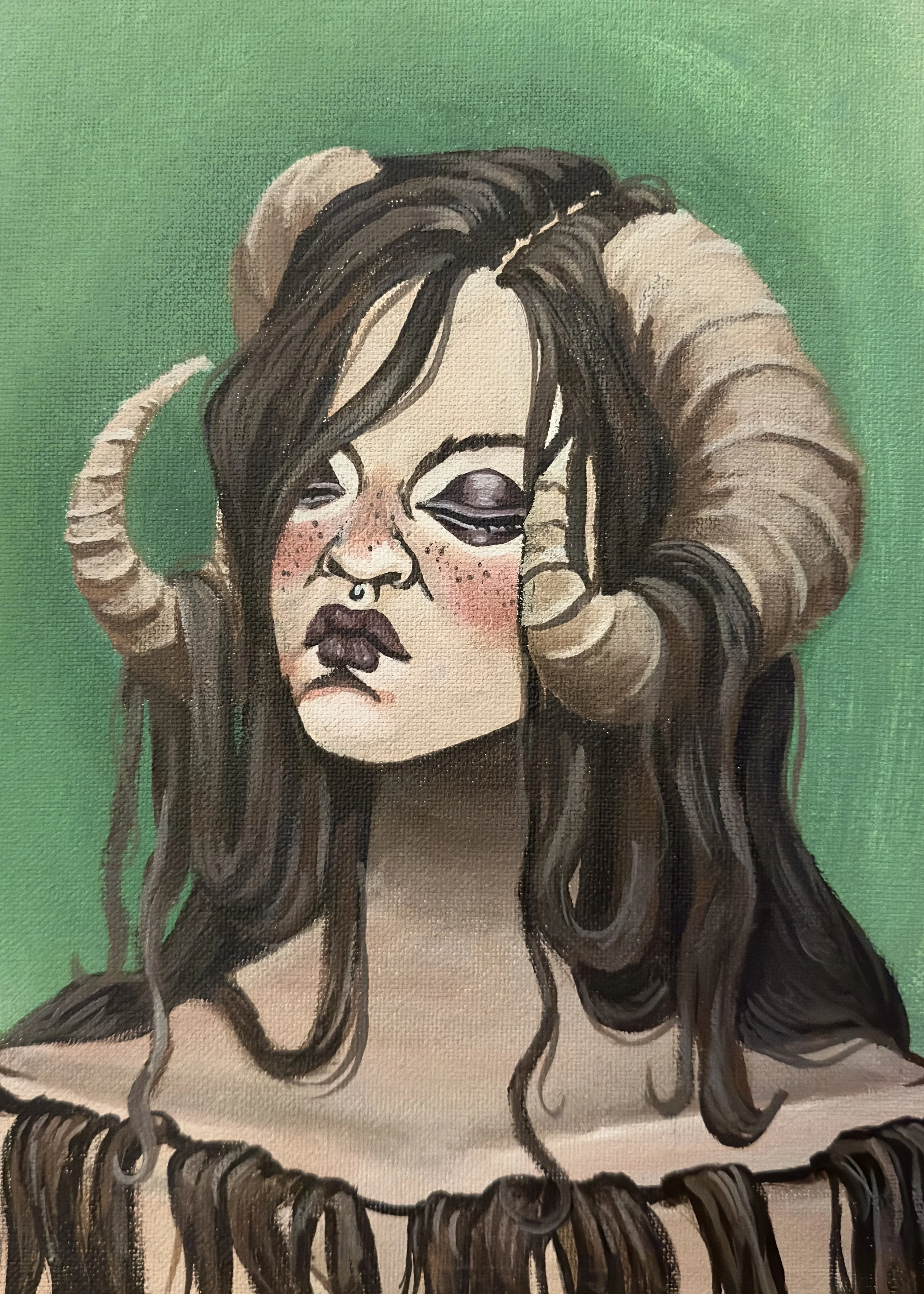 A painting done in the style of Miss Van of a fae creature with horns.