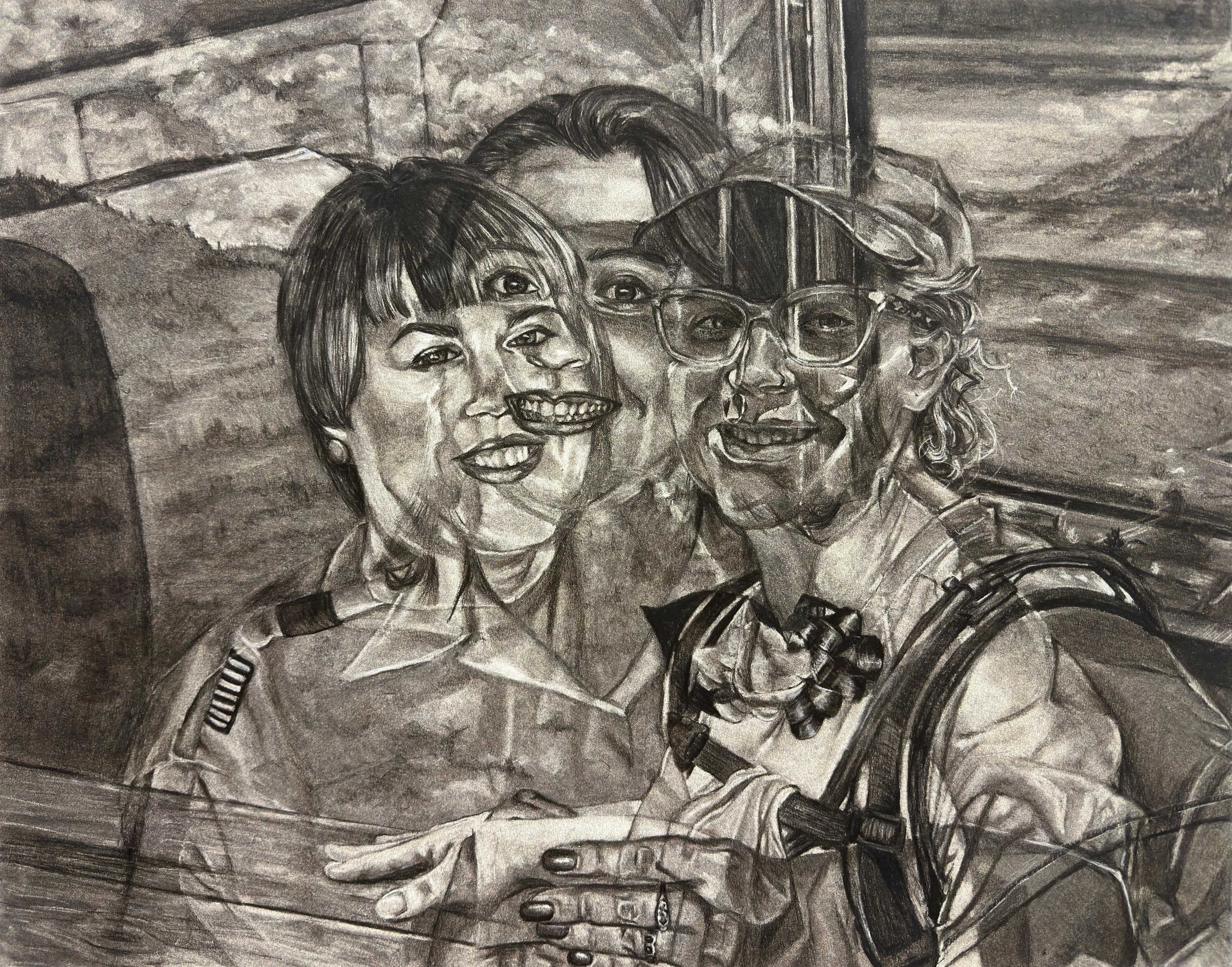A charcoal drawing of three women transparently overlayed over each other.
