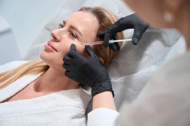 Woman lying in a medical setting receiving a cosmetic facial injection from a healthcare professional wearing black gloves