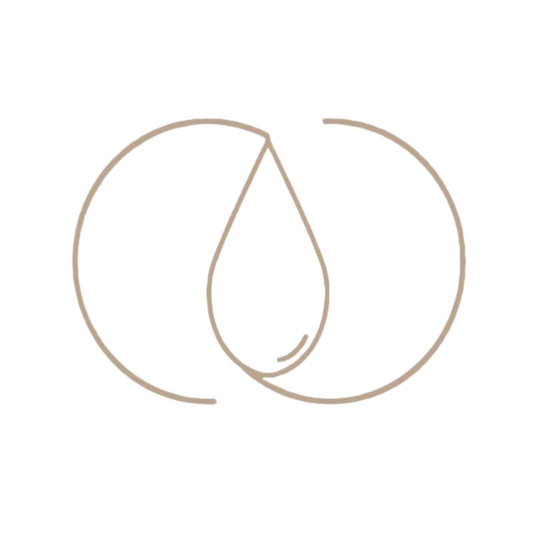 A minimalist, black and beige line drawing of two circular oil droplets or capsules overlapping each other, with a larger droplet on the right and a smaller one on the left.