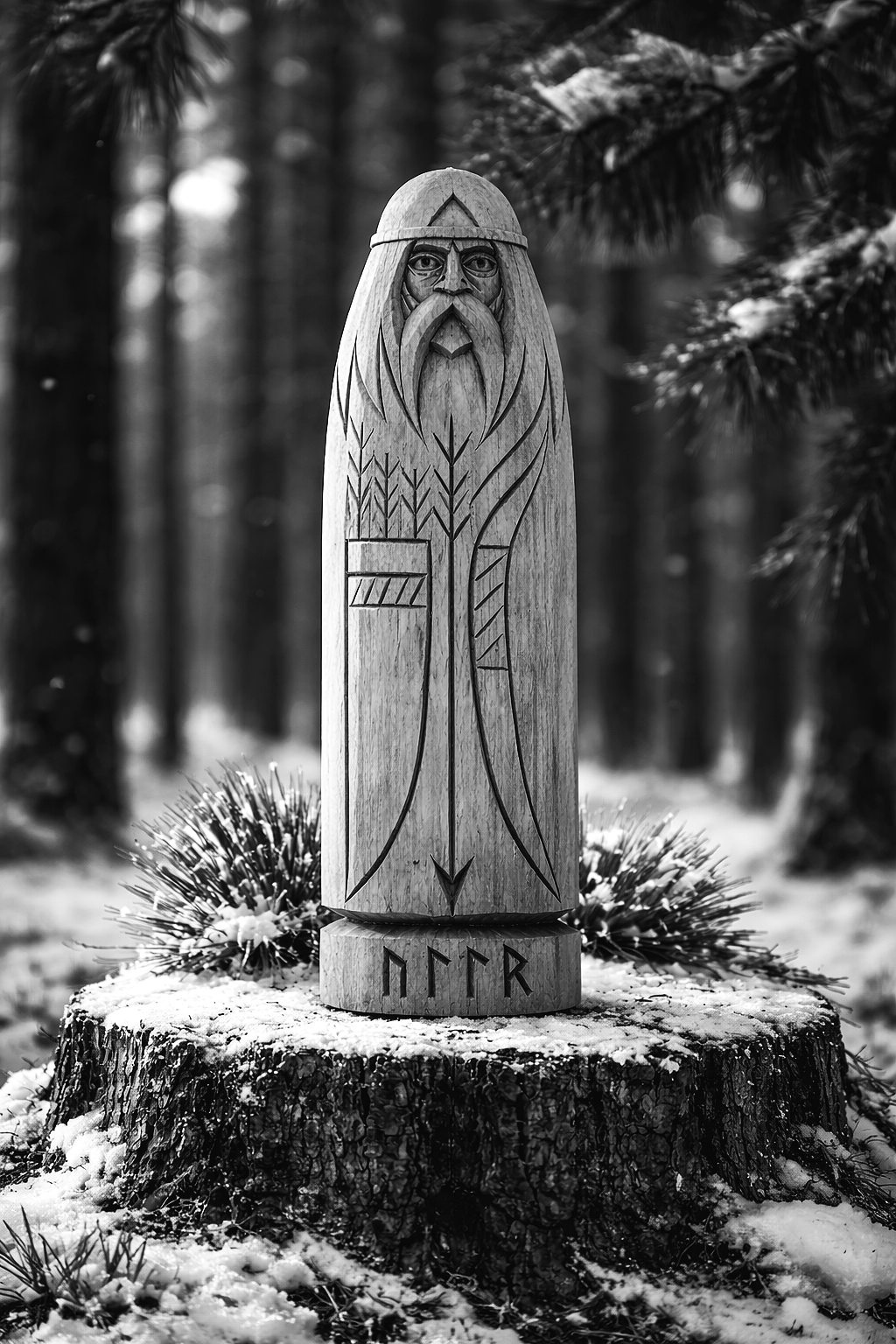 alla de madera tipo godtré del dios Ullr, el soberano del arco, mostrando sus atributos de caza y el escudo, con un fondo de paisaje invernal del Eje Austral
